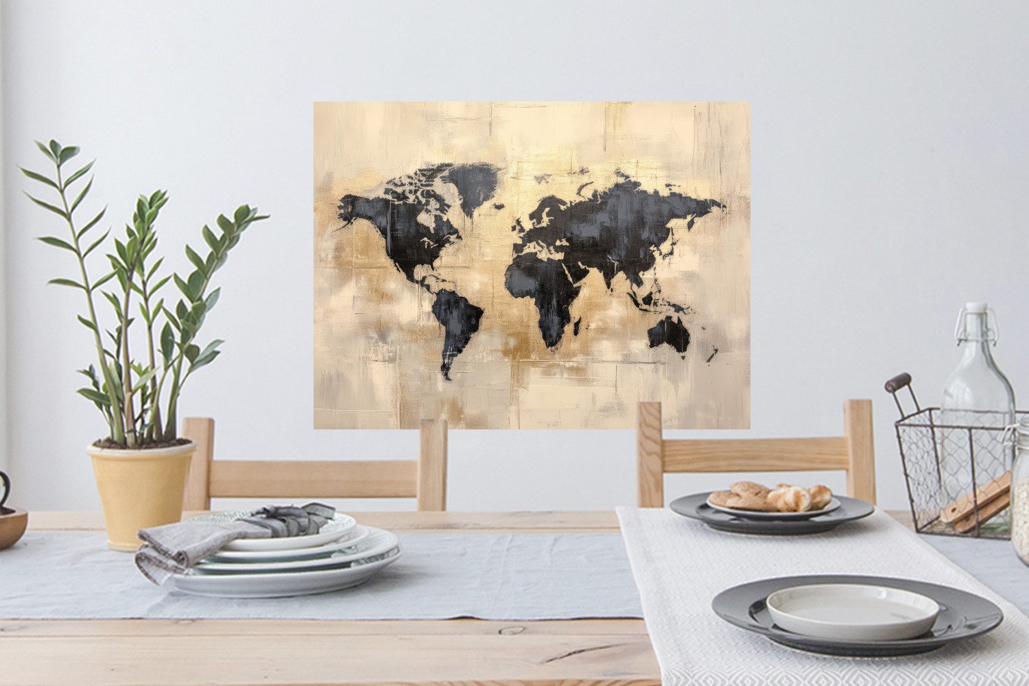 MuchoWow Wandsticker Weltkarte - Gold - Schwarz - Abstrakt (1 St), Wandtattoo, Selbstklebend, Wohnzimmer, 80x60 cm