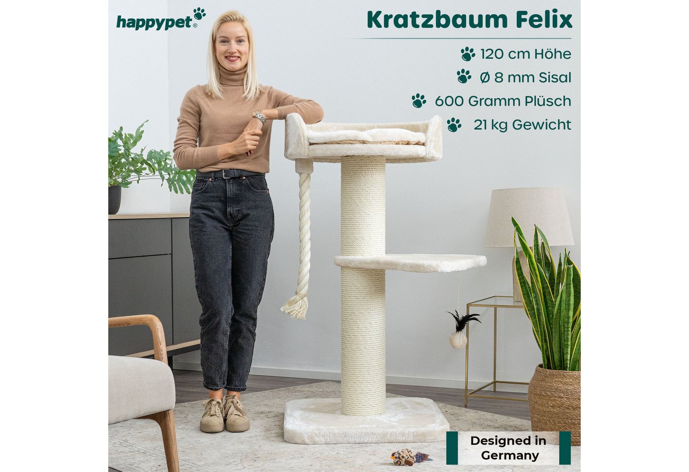 Thumbnail - Happypet Kratzbaum FELIX, Katzenbaum 'Felix', Gesamthöhe 120 cm, mit Spielseil und Liegemulde
