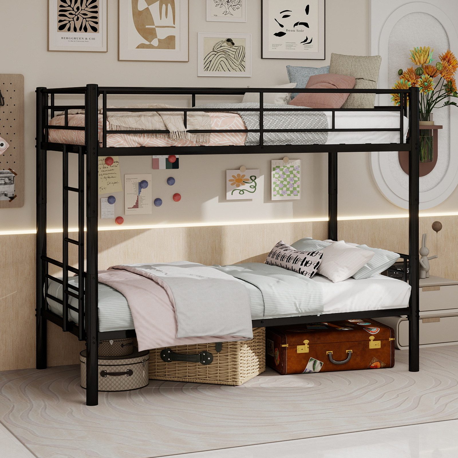 REDOM Etagenbett Metallbett mit Leiter und Geländer (mit Leiter und Geländer. In zwei Einzelbetten umwandelbar., 1-St., 90 x 190 cm)