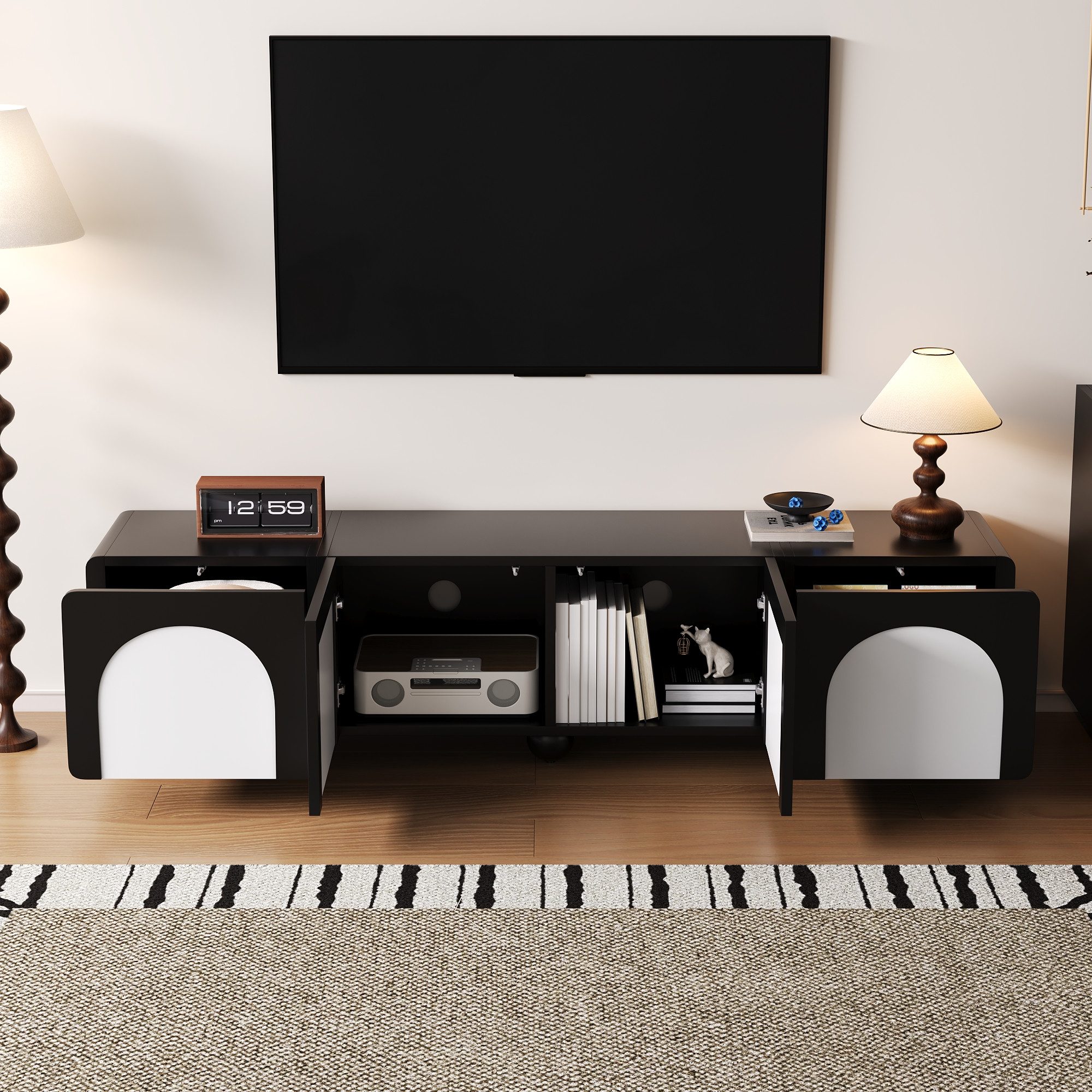 Merax Lowboard mit 2 Schubladen und 2 Türen, TV-Schrank in Schwarz-Weiß (1 St), Fernsehtisch mit Kabelmanagement, 180L x 38B x 45H cm