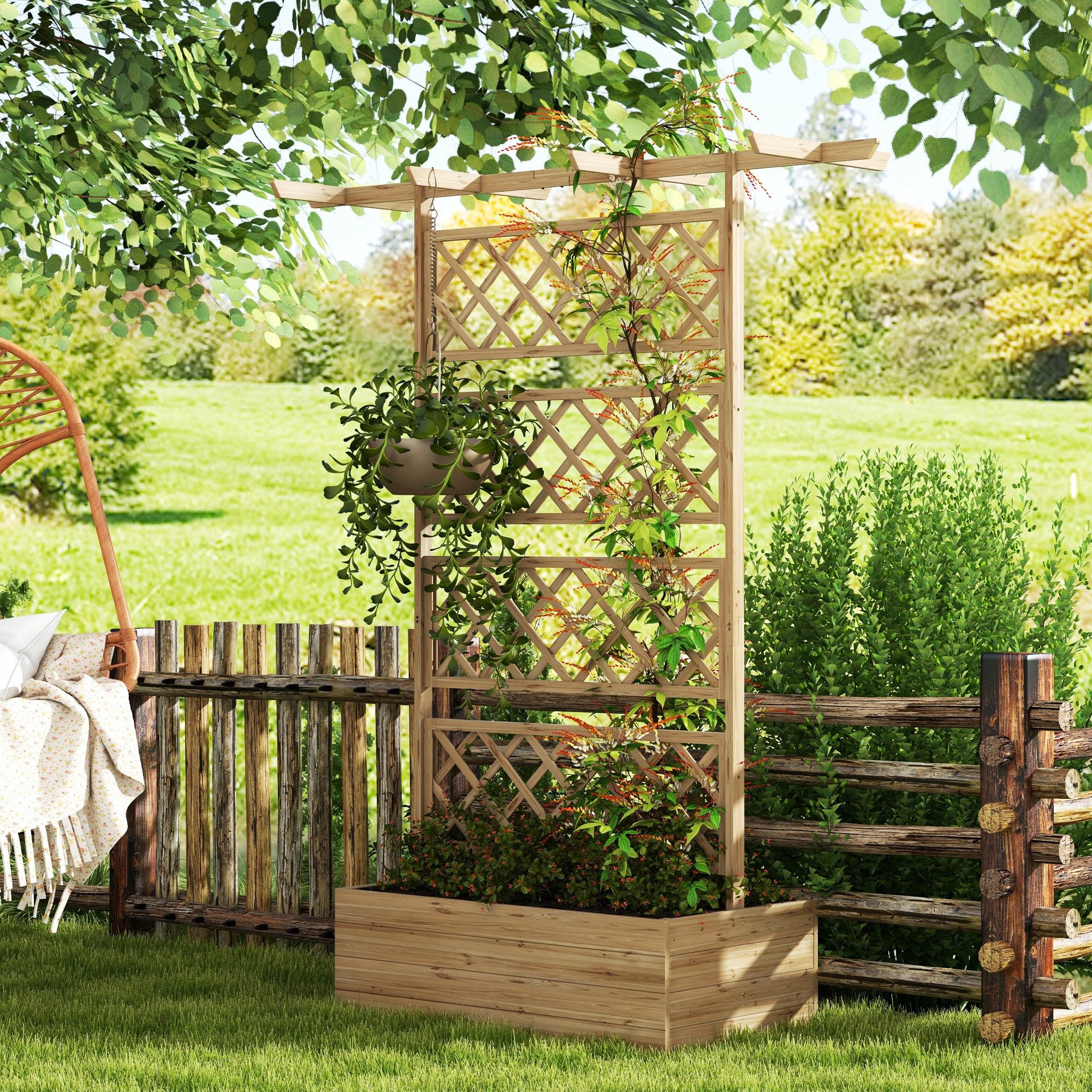 Outsunny Hochbeet aus Holz, mit Dach, Rankengitter für Kletterpflanzen (Pflanzkasten, 1 St., Gemüsebeet), für Garten, Balkon, 160 x 55 x 183 cm Naturholz