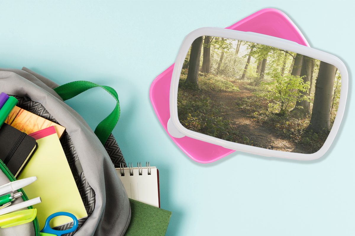 Bäume Sonne Laub Mädchen, - Kunststoff - Weg - Erwachsene, rosa - Brotbox (2-tlg), Wald - Brotdose - MuchoWow Lunchbox Pflanzen Kunststoff, für Natur, Kinder, Snackbox,