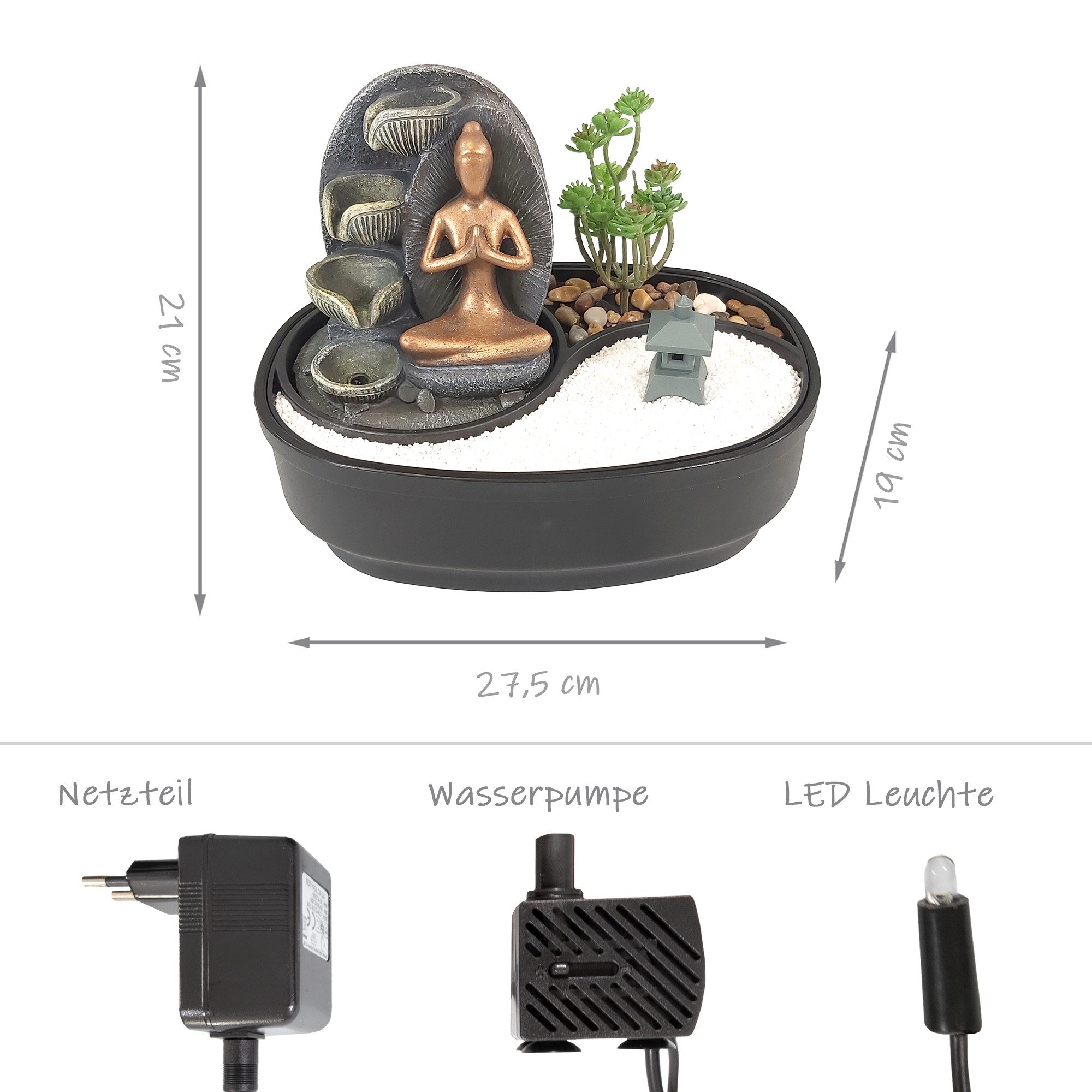 Lemodo Zimmerbrunnen Tischbrunnen mit Zen-Garten, Pumpe mit LED-Beleuchtung günstig online kaufen