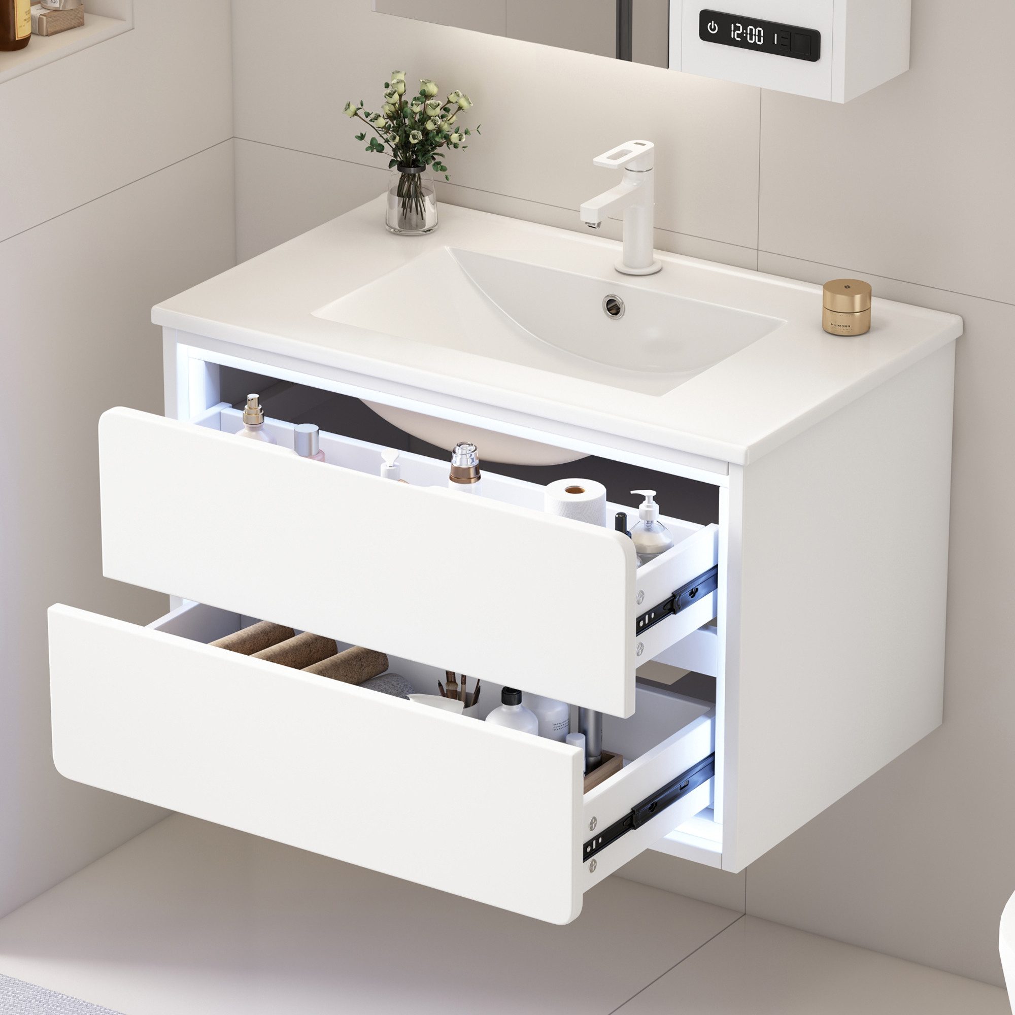 Fine Life Pro Waschbeckenschrank Wandhängender Badezimmerschrank mit LED-Radarsensor
