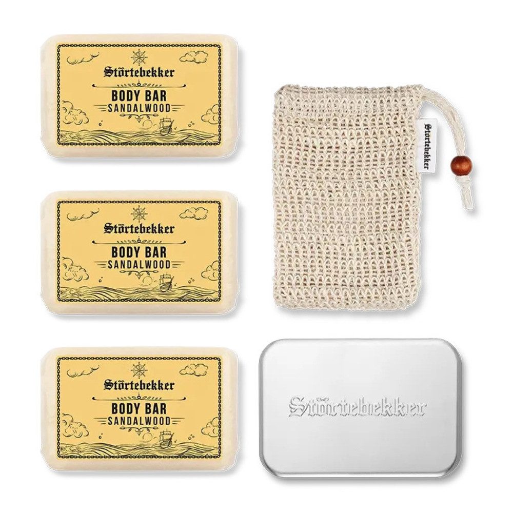 Störtebekker Feste Duschseife im Duschset Body - 3 x Body Bar + Soap Bag & Soap Box
