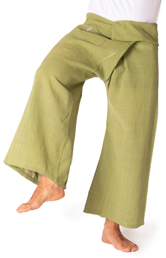 Wickelhose Thai Unisex bequeme aus als Fischerhose Baumwolle Wellnesshose loose Freizeithose Handgewebt Yogahose fit PANASIAM Relaxhose olive