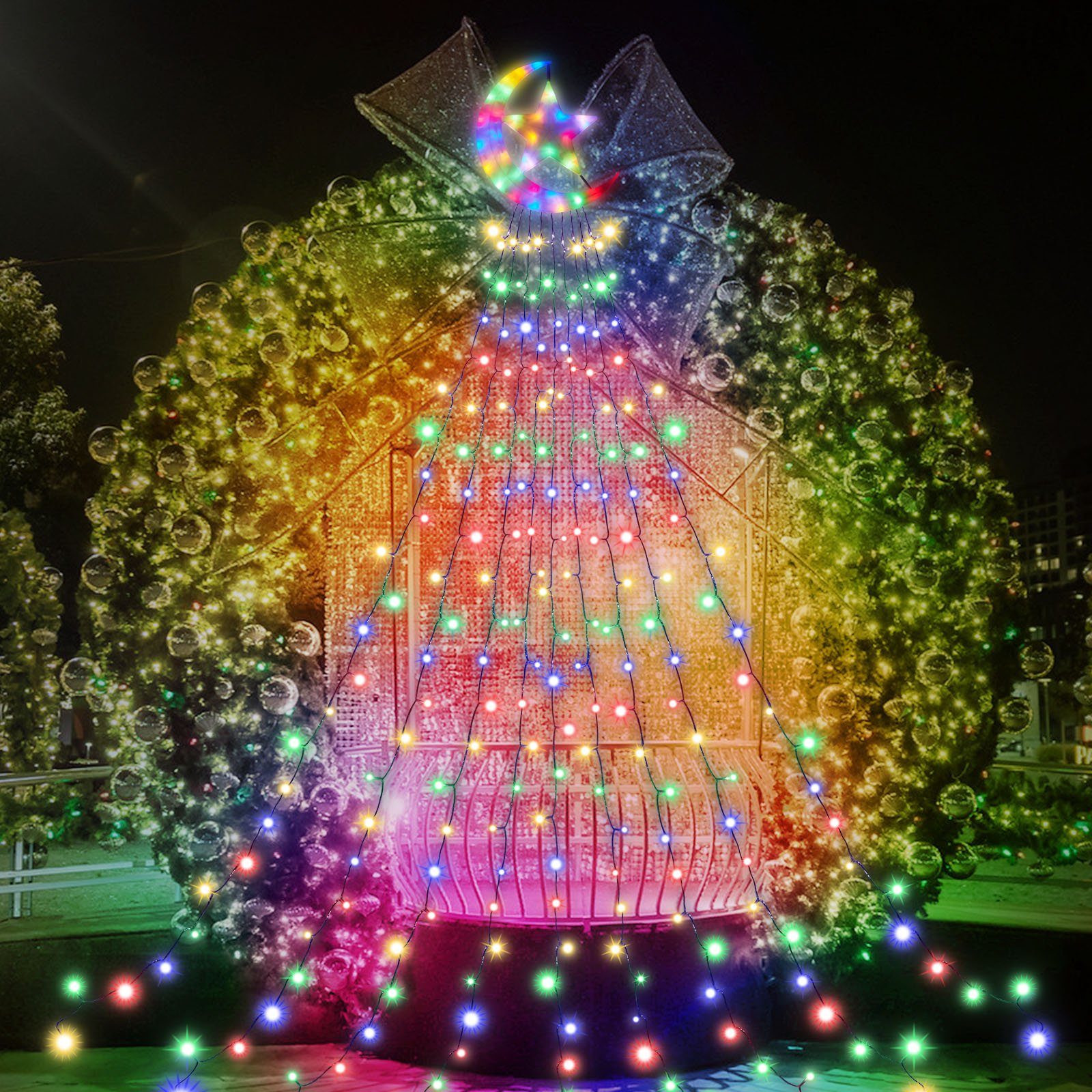 Laybasic Moon mit Topper Star,350 350-flammig, LED-Lichterkette Wasserdicht LEDs, Mehrfarbig Christbaumbeleuchtung,8-Modi,Timer,IP44 Lichterkette Weihnachtsbaum LED