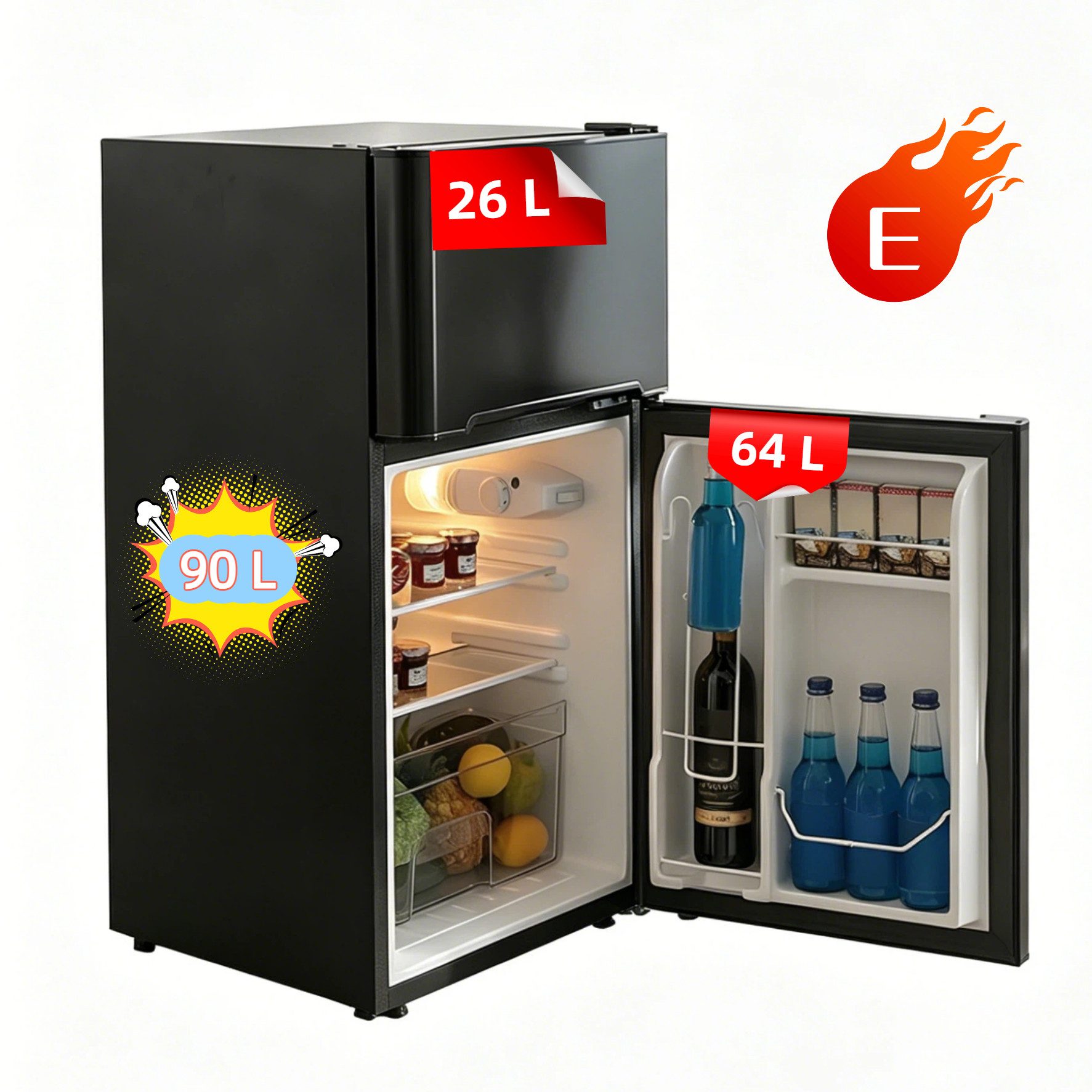 FOHERE Kühlschrank Kühl-Gefrierkombinationen, Kühlschrank 90L, Verstellebare Ablage und Füße, mit 2 Wechselbare Tür BCD-90, 84,5 cm hoch, 50.5 cm breit