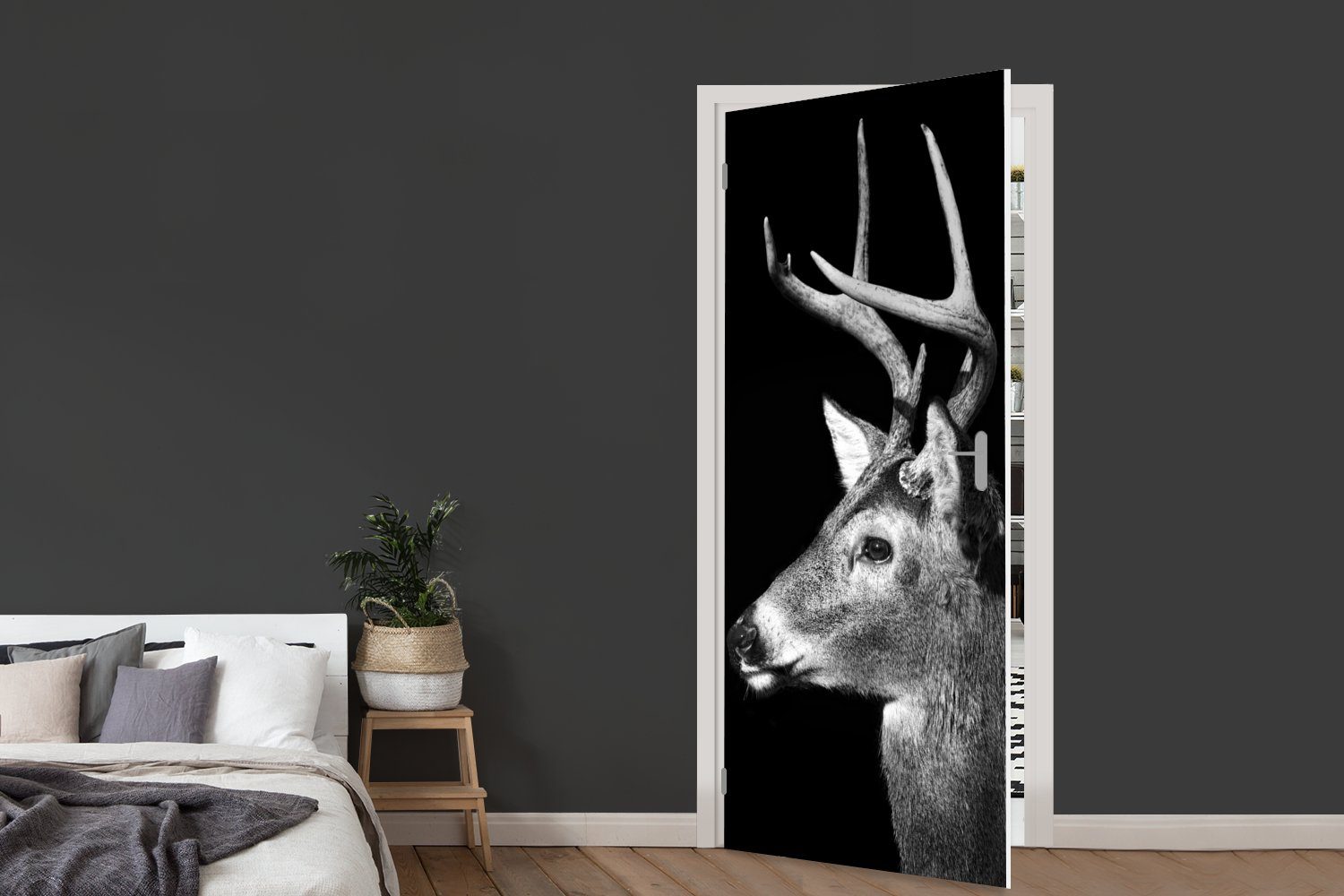 MuchoWow Türtapete Hirsche Tierprofil St), 75x205 (1 Türaufkleber, cm und schwarz bedruckt, Fototapete in weiß, Matt, Tür, für
