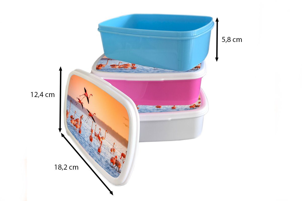 MuchoWow Lunchbox Vogel Wasser Kunststoff, - Kinder, Brotbox (2-tlg), Flamingo Sonnenuntergang - - Kunststoff Brotdose Erwachsene, für Mädchen, Snackbox, - Rosa