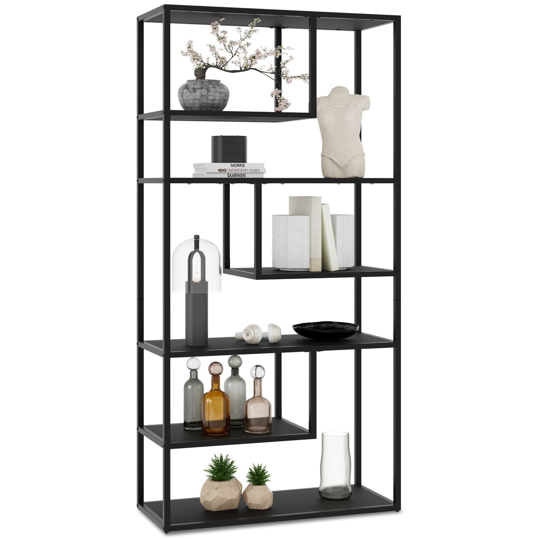 tectake Bücherregal Standregal mit 6 Fächern, inklusive Kippschutz, 85 x 35 x 188 cm, Holzregal Venda 1-tlg., Industrial Look, pulverbeschichtetes Stahlgestell, höhenverstellbar