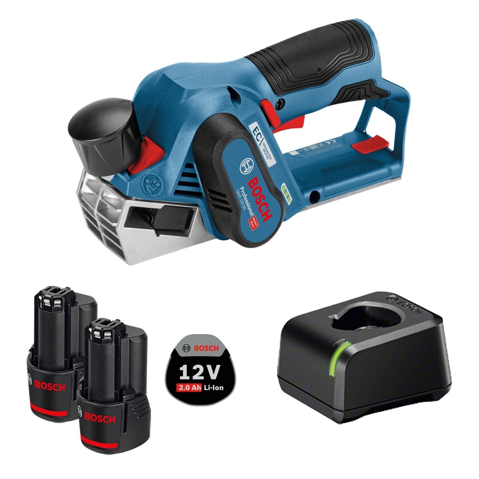 BOSCH Akku-Elektrohobel Bosch Akku-Hobel GHO 12V-20 12 V / 2x 2,0 Ah Akku + Ladegerät