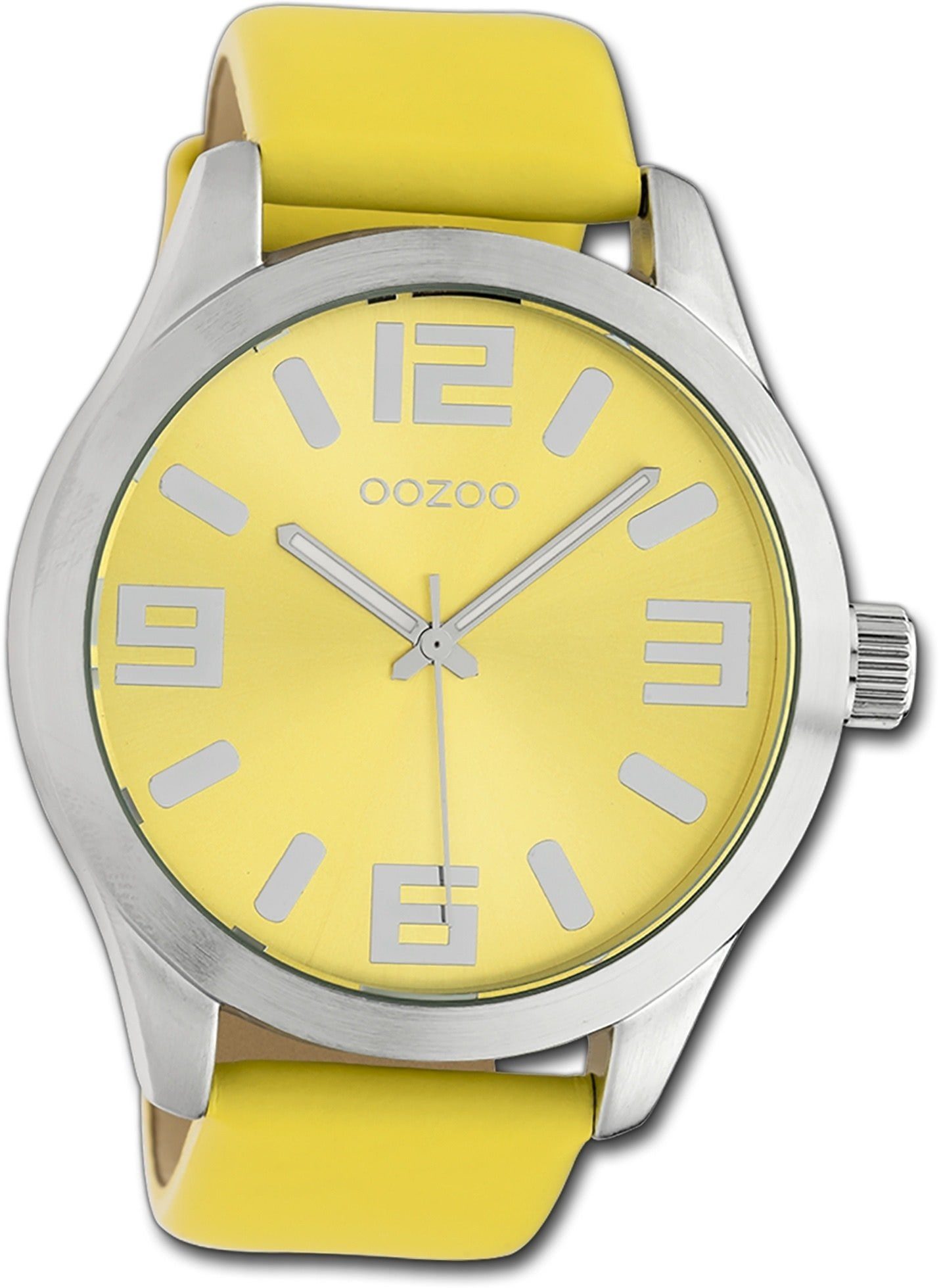 OOZOO Quarzuhr Oozoo Armbanduhr Timepieces, Damenuhr Lederarmband gelb, rundes Gehäuse, extra groß (ca. 46mm)