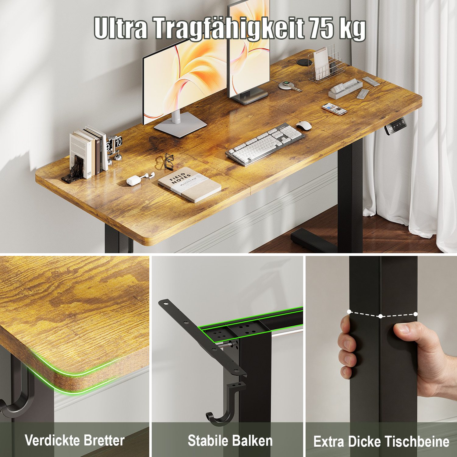 Furnicopia Schreibtisch Höhenverstellbarer Schreibtisch 120/140/160CM mit Kabelmanagement (Ergonomischer Computertisch für Homeoffice mit leisem Einzelmotor (50 – Bild 5 von 5