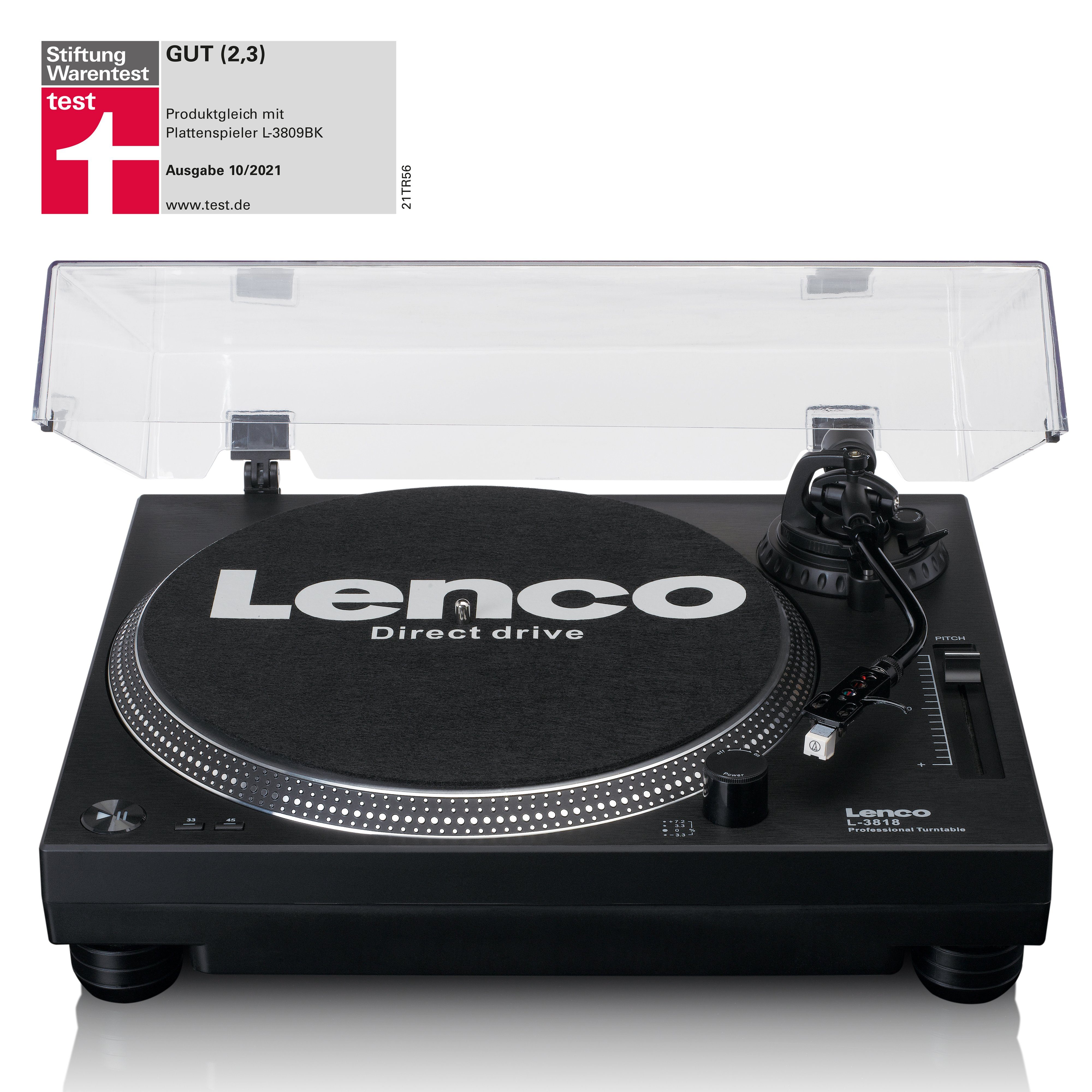 Lenco L-3818BK Plattenspieler (Direktantrieb, USB & Phone-Vorverstärker, 33/45 U/min inkl. Staubschutz)