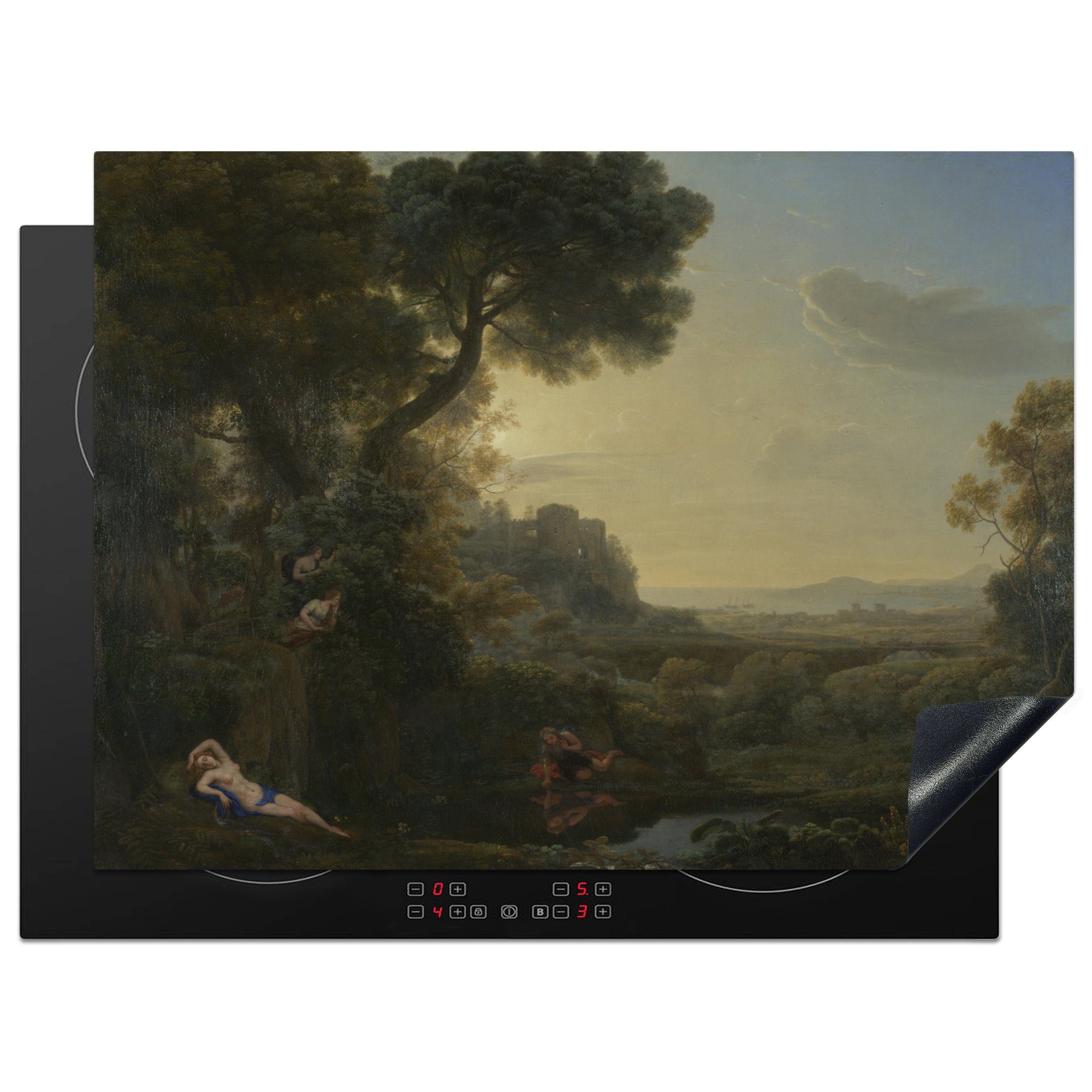 MuchoWow Herdblende-/Abdeckplatte Landschaft mit Narziss und Echo - Gemälde von Claude Lorrain, Vinyl, (1 tlg), 70x52 cm, Mobile Arbeitsfläche nutzbar, Ceranfeldabdeckung