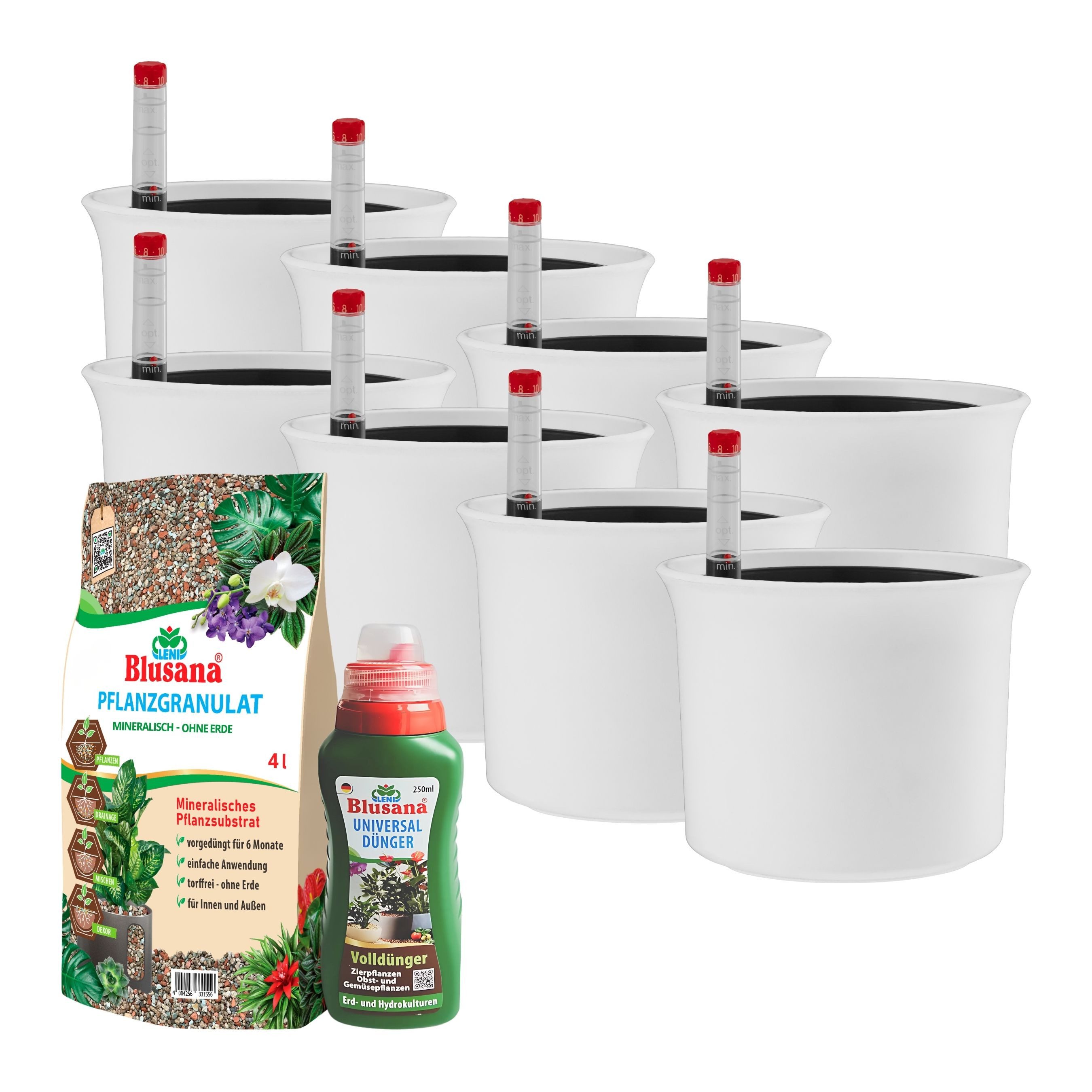 LENI Blumentopf Atlas Blumentopf Kunststoff matt 09/07 Hydro-Komplettset 8er-Pack Weiß (Hydrokultur-Set, Übertopf, Kulturtopf, Gießanzeige, Substrat vorgedüngt, Flüssigdünger), wasserdichtes Pflanzgefäß für Indoor & Outdoor