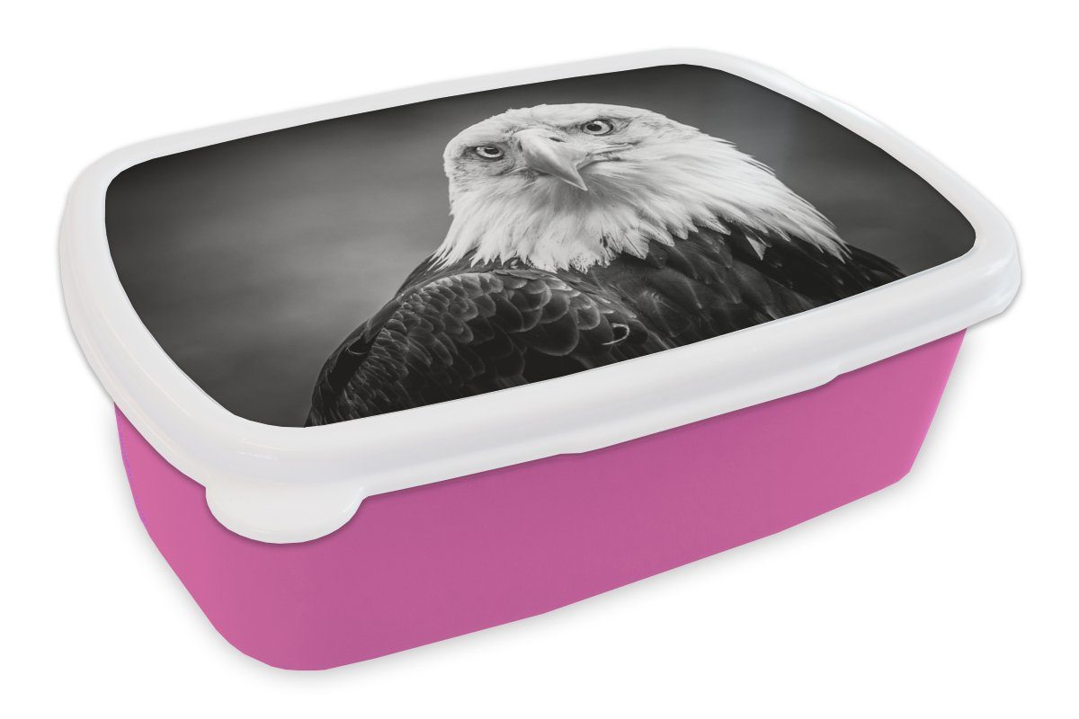 MuchoWow Lunchbox Adler - Raubvogel - Schwarz - Weiß - Tiere, Kunststoff, (2-tlg), Brotbox für Erwachsene, Brotdose Kinder, Snackbox, Mädchen, Kunststoff rosa