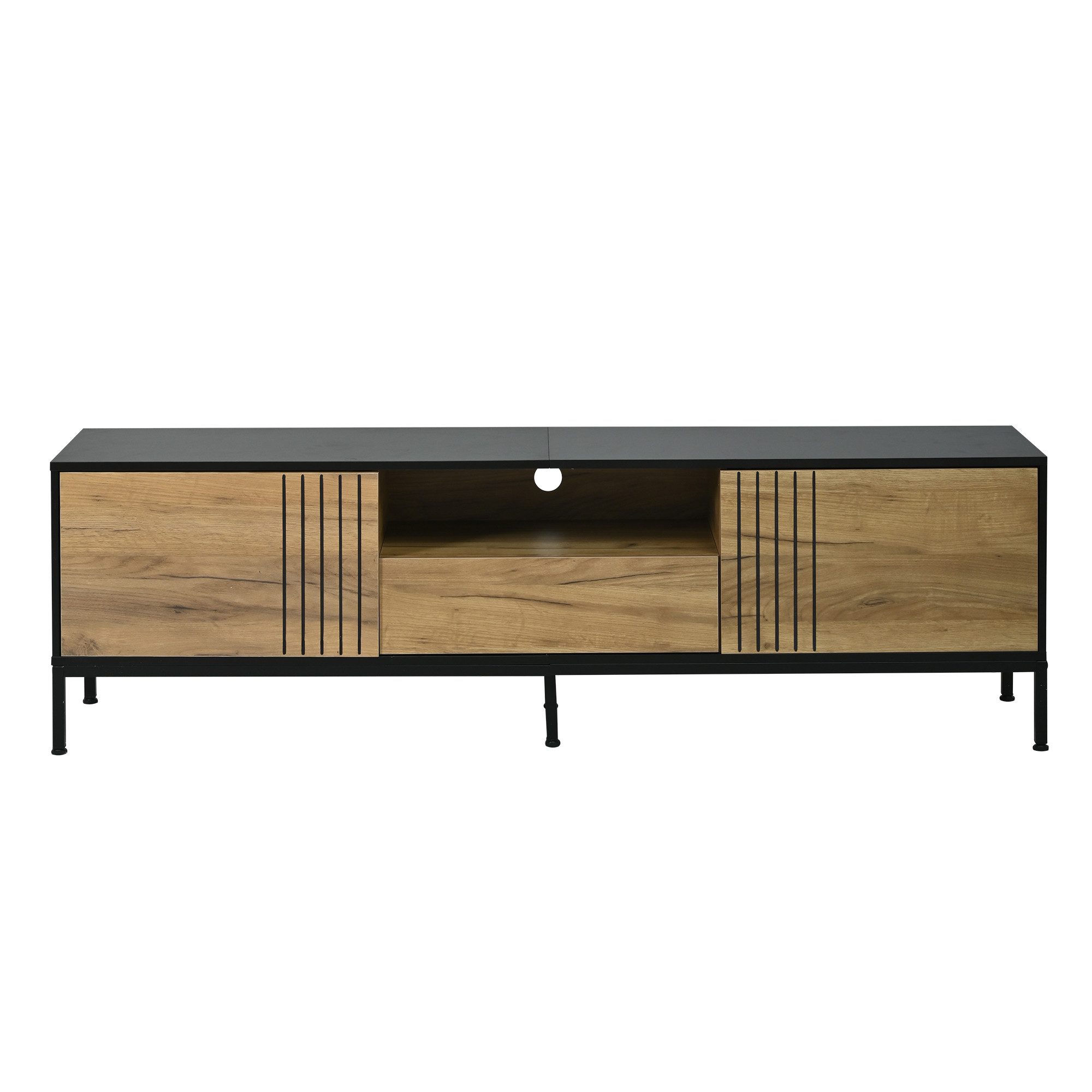 KLAM HOME Lowboard Eichenoptik TV Lowboard 170x35x50cm für Fernseher bis 70 Zoll (TV-Schrank mit 2 Schränken + 1 Schublade & offenen Fächern), Moderner Wohnzimmer TV-Ständer aus Spanplatte bis 45kg belastbar