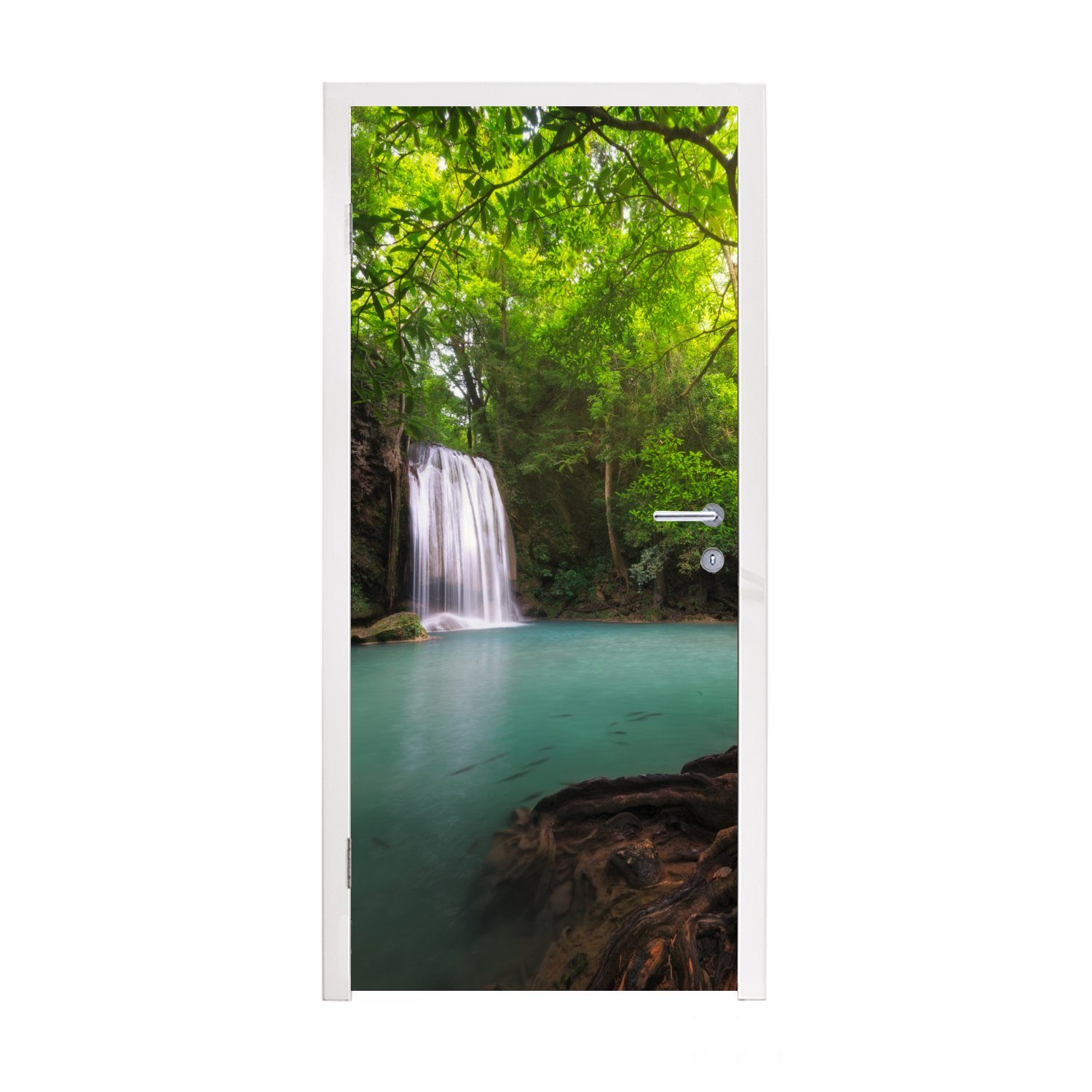 MuchoWow Türtapete Das thailändischen, 75x205 Wasser Türaufkleber, Matt, Wasserfall im (1 für bedruckt, Tür, St), einem mit cm azurblaue Fototapete