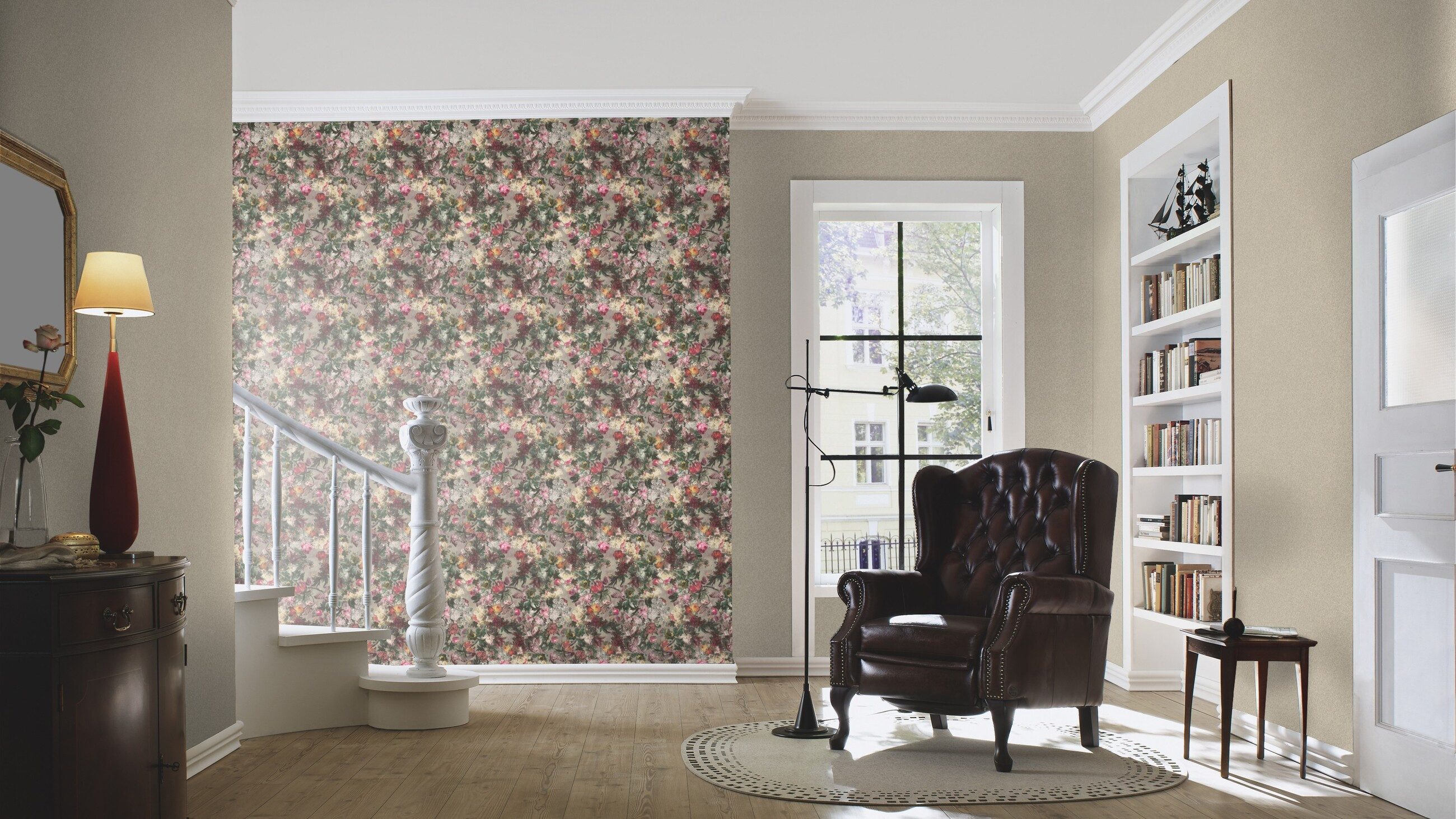 Rasch Vliestapete Blumen - Vinyltapete Weiß Beige Grün Rot Pink Gelb, Floral, (1 Rolle, 1 St., Kollektion 'Passepartout' - 10,05 m x 0,53 m), gute Lichtbeständigkeit, hoch waschbeständig, restlos abziehbar