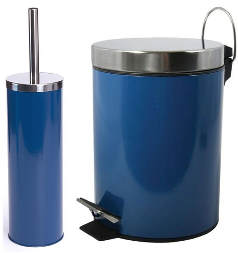MSV Badaccessoires-Sets MIAMI, Badezimmer Zubehör-Set, 2-tlg., bestehend aus Kosmetik Treteimer 3L und WC Garnitur mit hygienischem Innenbehälter und Deckel, Edelstahl / Metall glänzend, viele knallig-bunte Trendfarben, blau, Kombi-Set