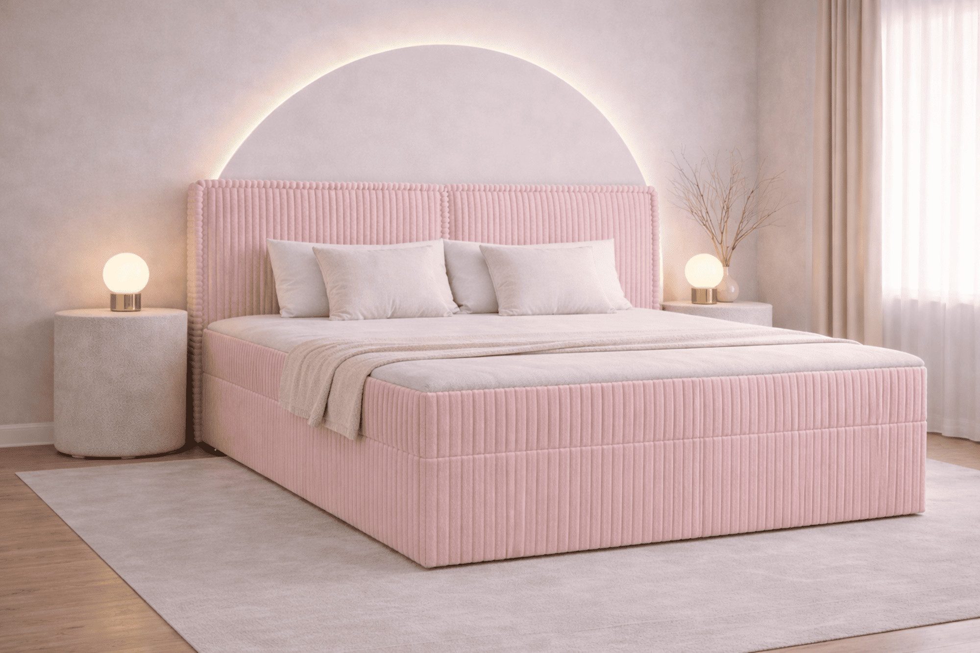 MOEBLO Boxbett Bett 04 (Bonnellmatratzen + Topper, Doppelbett gepolstertes Kopfteil Bett mit Bettkasten, aus Cord, Polsterbett Kontinentalbett), (BxHxT):143/163/183x113x214cm