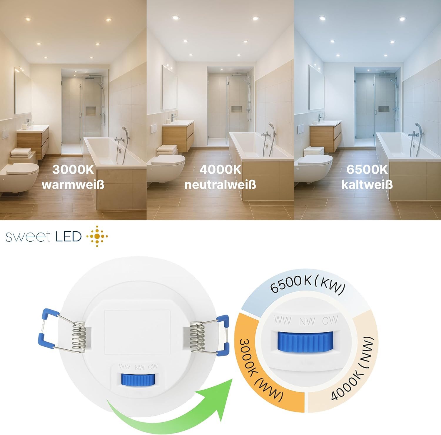 Sweet LED LED Einbaustrahler 10er SET IP44 CCT 230V LED Einbauspot flach 3000K 4000K 6500K Weiß, 3000K - 4000K - 6500K, Warmweiß - Neutralweiß - Kaltweiß, Deckenspots, Ø 85 mm, Einbauleuchten