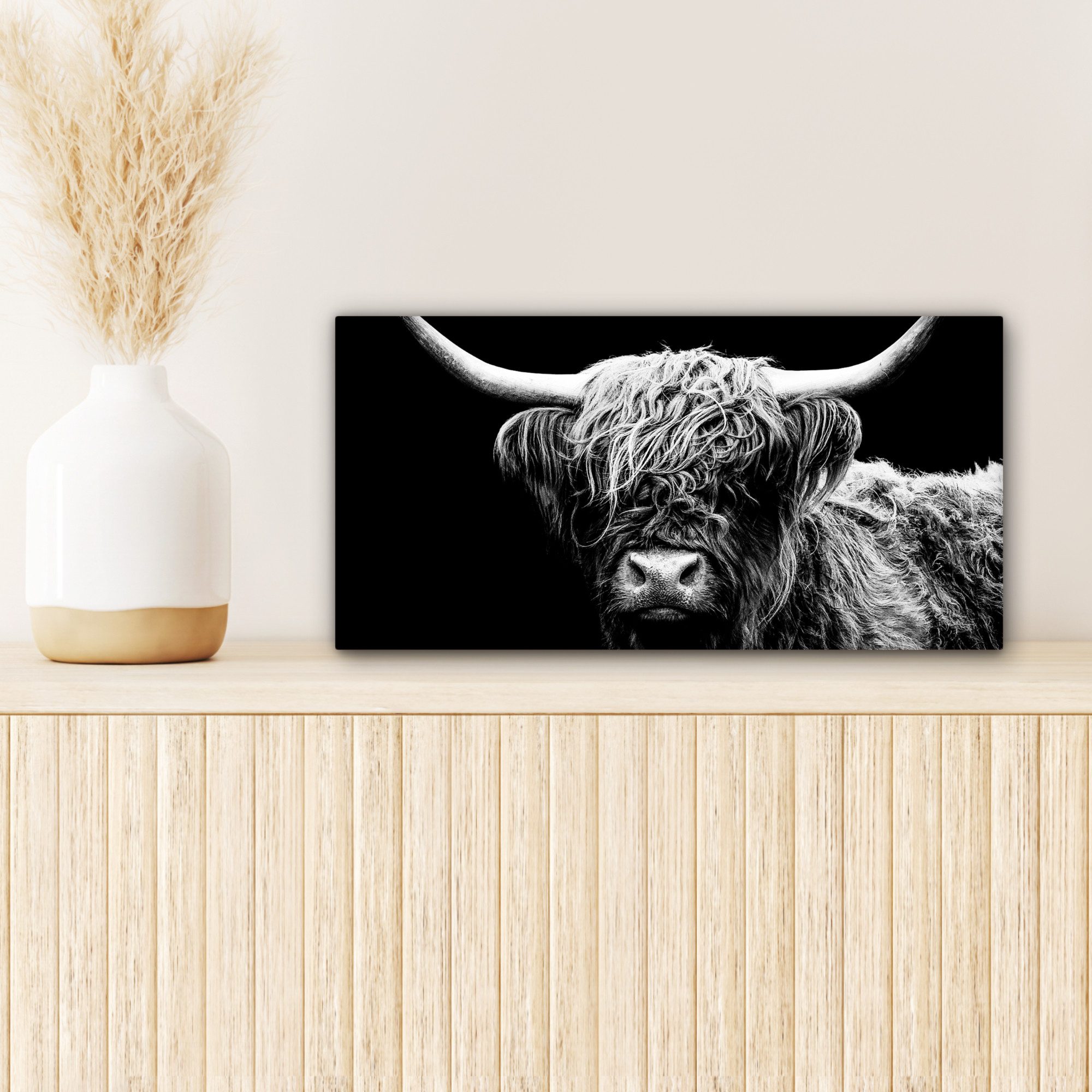OneMillionCanvasses® Leinwandbild Panorama Schottischer Highlander - Kuh - Schwarz - Weiß - Tiere, Fotodruck (1 St), Wandbild, Deko Schlafzimmer Wohnzimmer Flur 40x20 cm