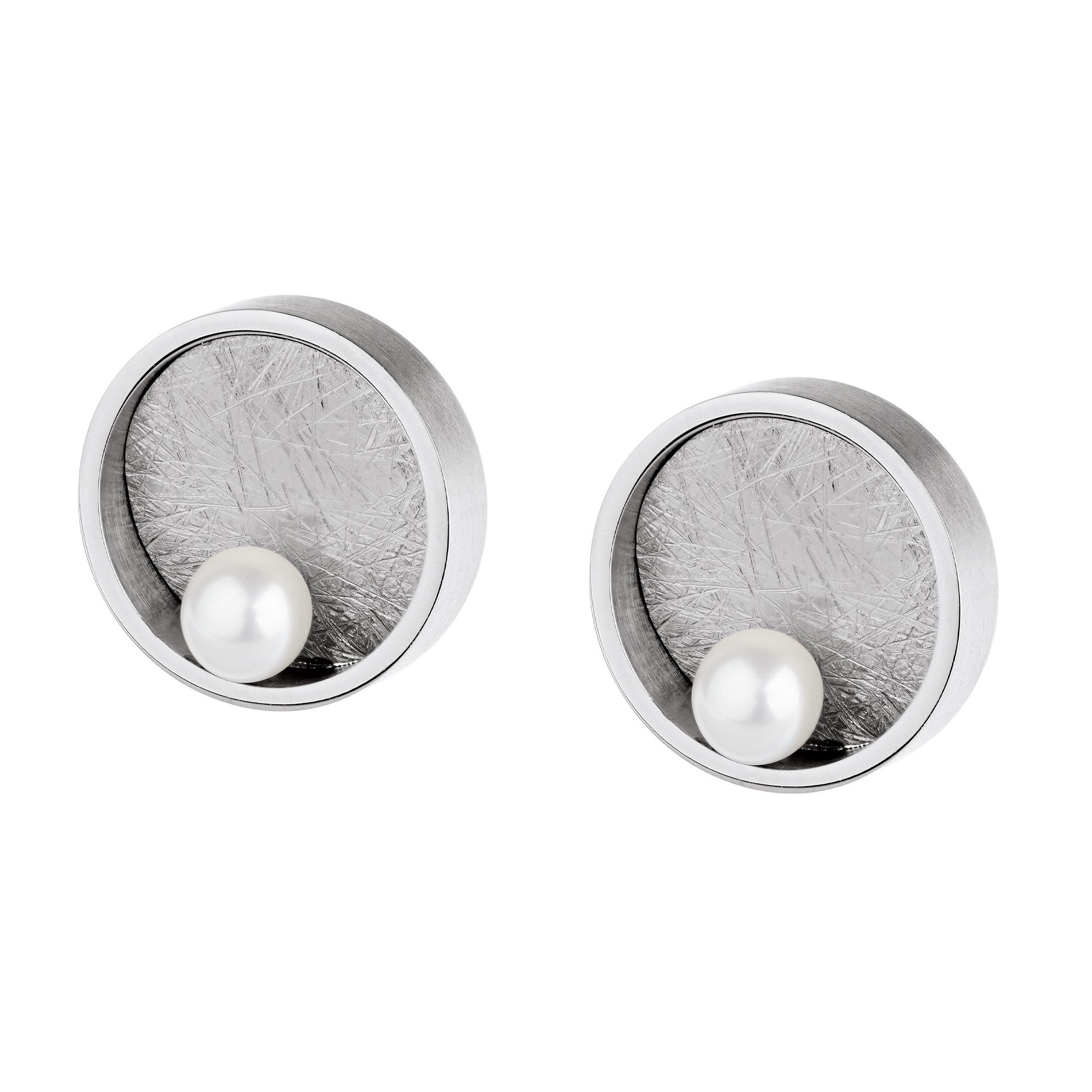 Ernstes Design Paar Ohrstecker Ohrringe Edelstahl matt / gekratzt / poliert / Süßwasser-Perle