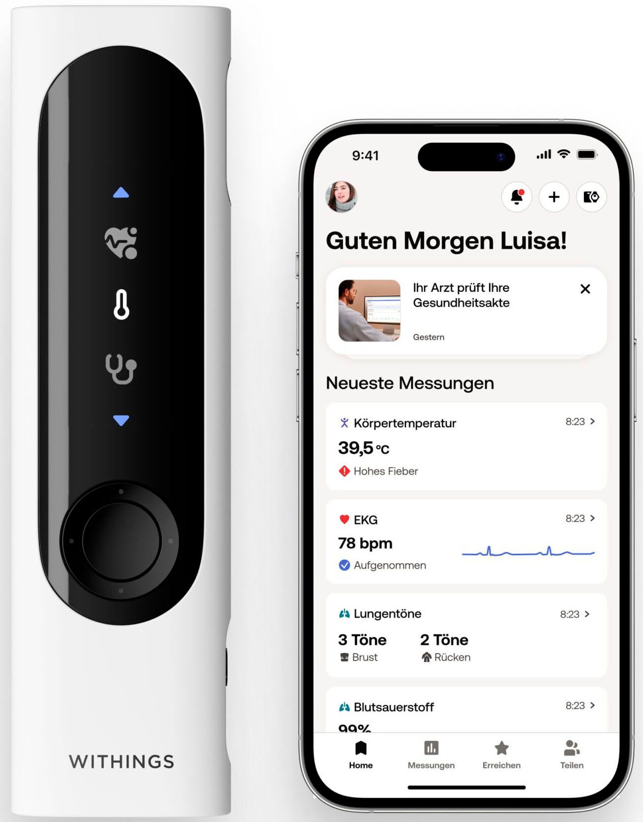 Withings Fieberthermometer »BeamO 4-in-1« Gesundheits-MultiScan mit EKG-Aufzeichnung, Herz- & Lungenauskultation, Sauerstoffsättiungs- & Temperaturmessung