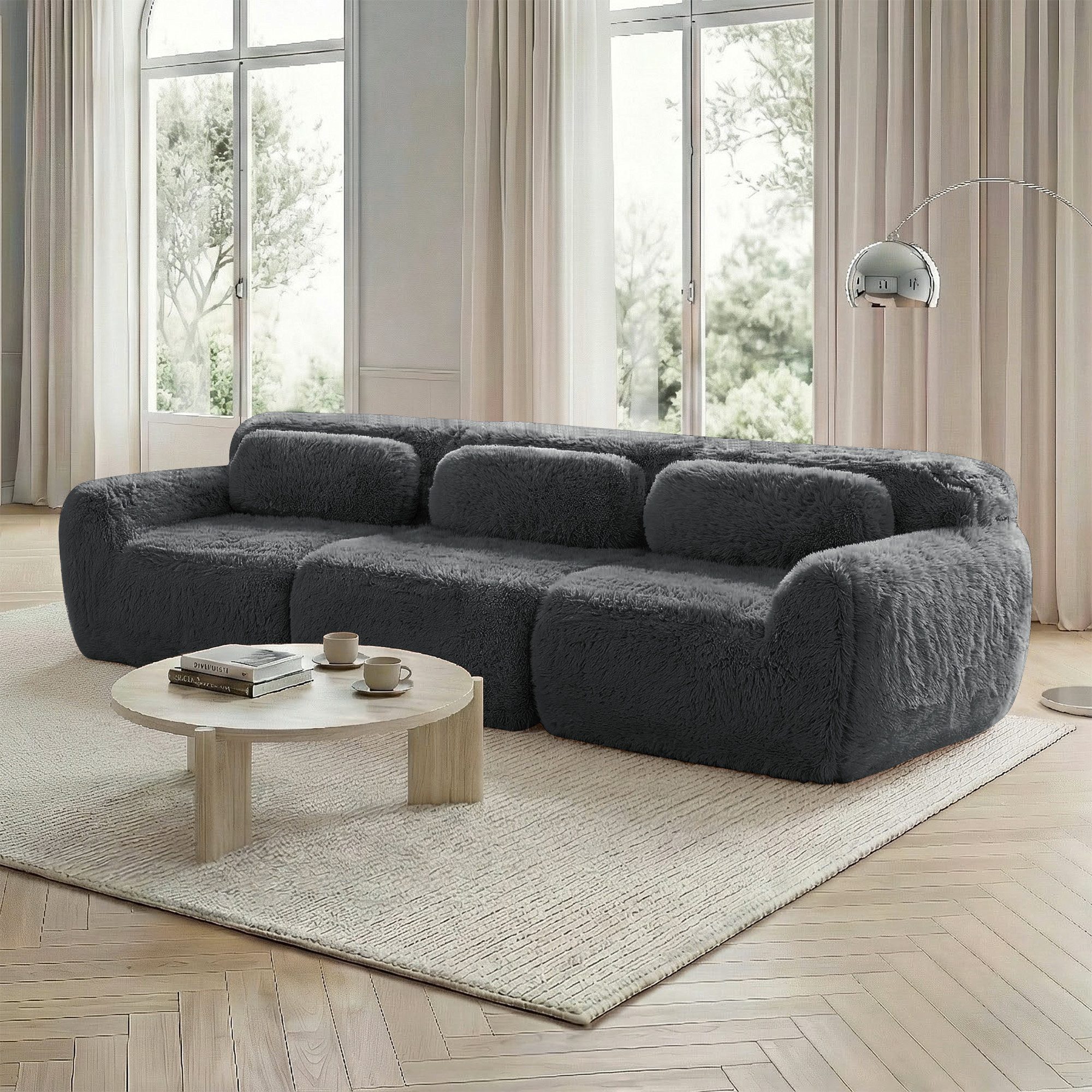 HAUSS SPOLE Loungesofa mit Plüschstoff,Dreisitzer Polstermöbel mit rutschfester Boden,Grau