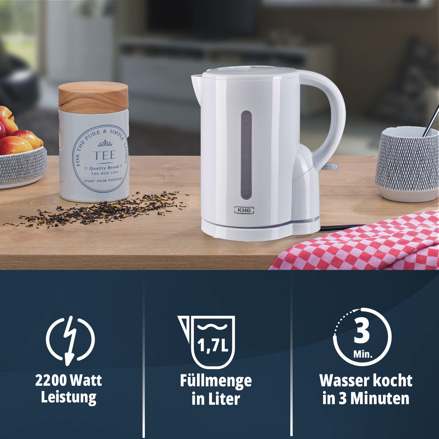 KHG Wasserkocher WK-170 W weiß aus Metall & Kunststoff, 1,7 Liter Fassvermögen, 1.7 l