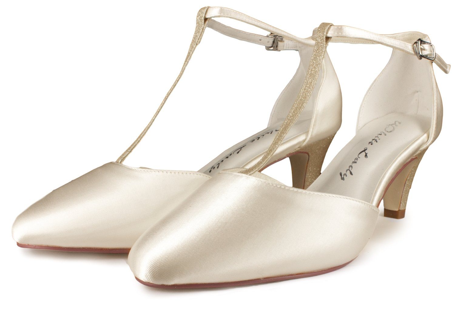 White Lady 923 ivory Satin - Brautschuhe mit gold Steg T-Strap Pumps günstig online kaufen