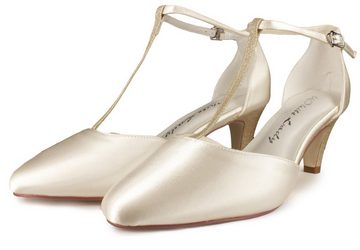 White Lady 923 ivory Satin - Brautschuhe mit gold Steg T-Strap Pumps