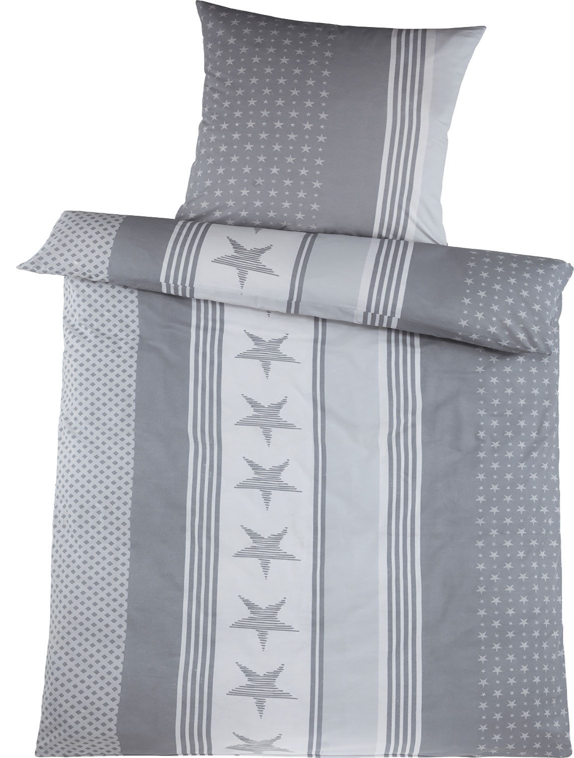 KH-Haushaltshandel Bettwäsche 2-tlg. Biber Winter Bettwäsche, 135 x 200 + 80x80cm, Sterne, Biber, 2 teilig, grau weiß, Winterbettwäsche, warm weich flauschig
