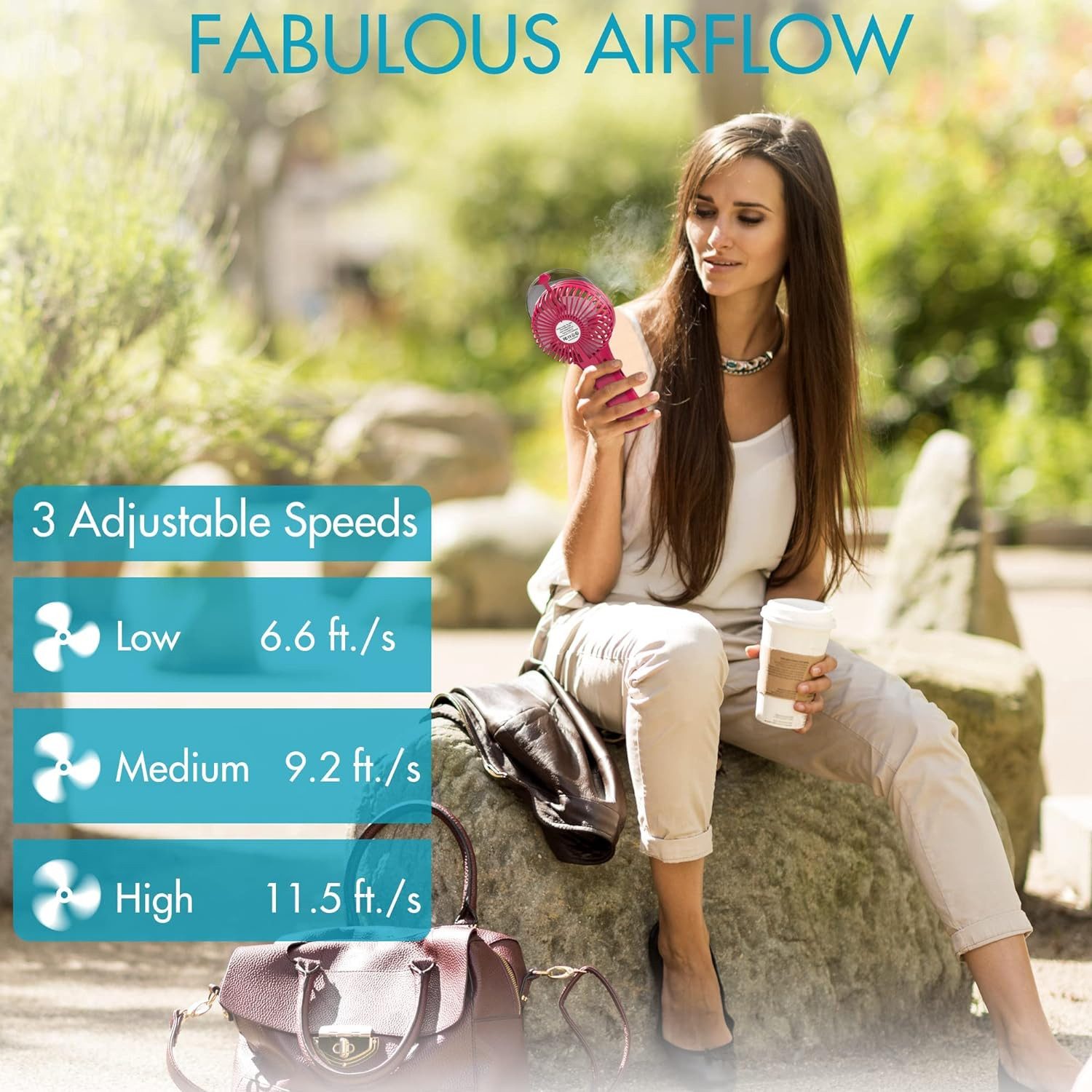 LA CUTE Handventilator mit Gesichtsabkühlung Wasserspray mit Akku Urlaub Reise Camping, Nebelfunktion USB-C 3 Stufen Leistungsstarker Akku Festival Camping