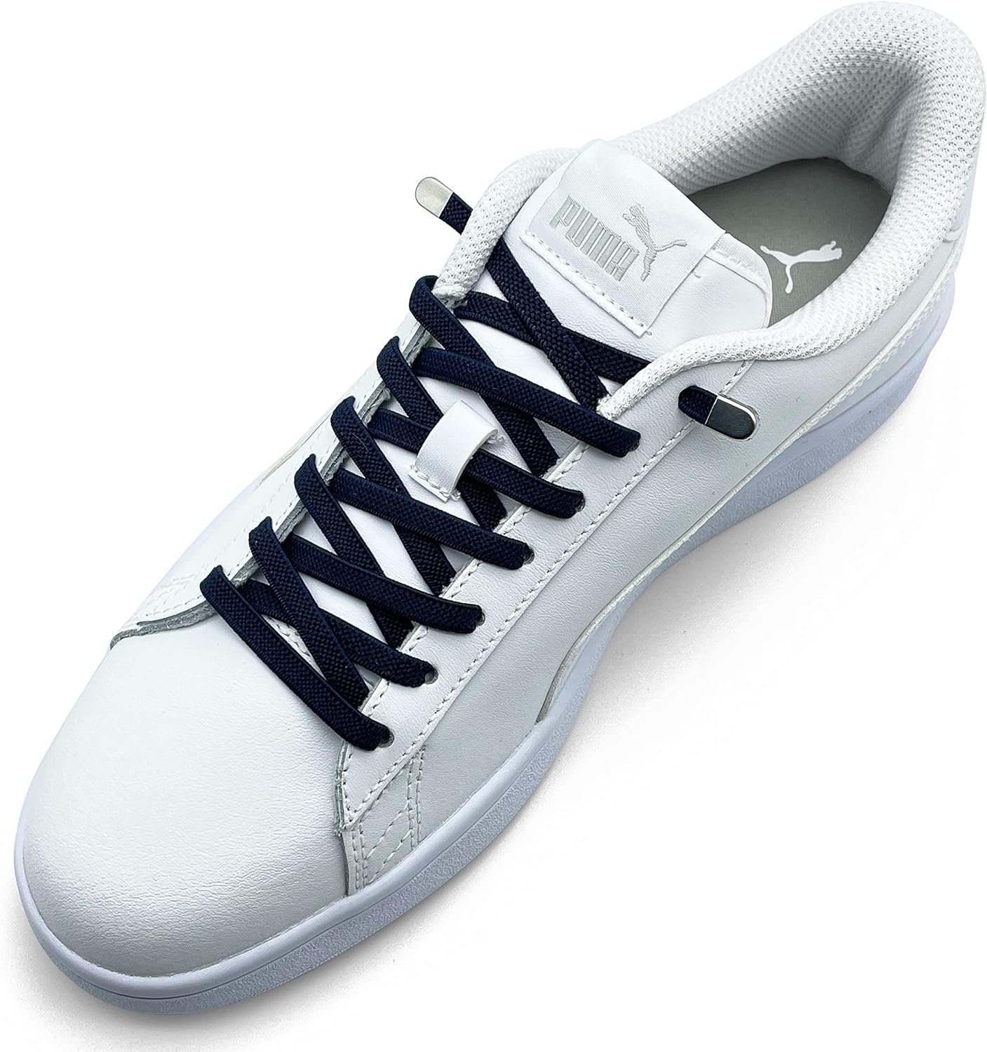 ELANOX Schnürsenkel 4 Stück für 2 Paar Schuhe elastische Schnürsenkel mit Clips, inkl. Enden (Clips) - 8 St. in silber dunkelblau