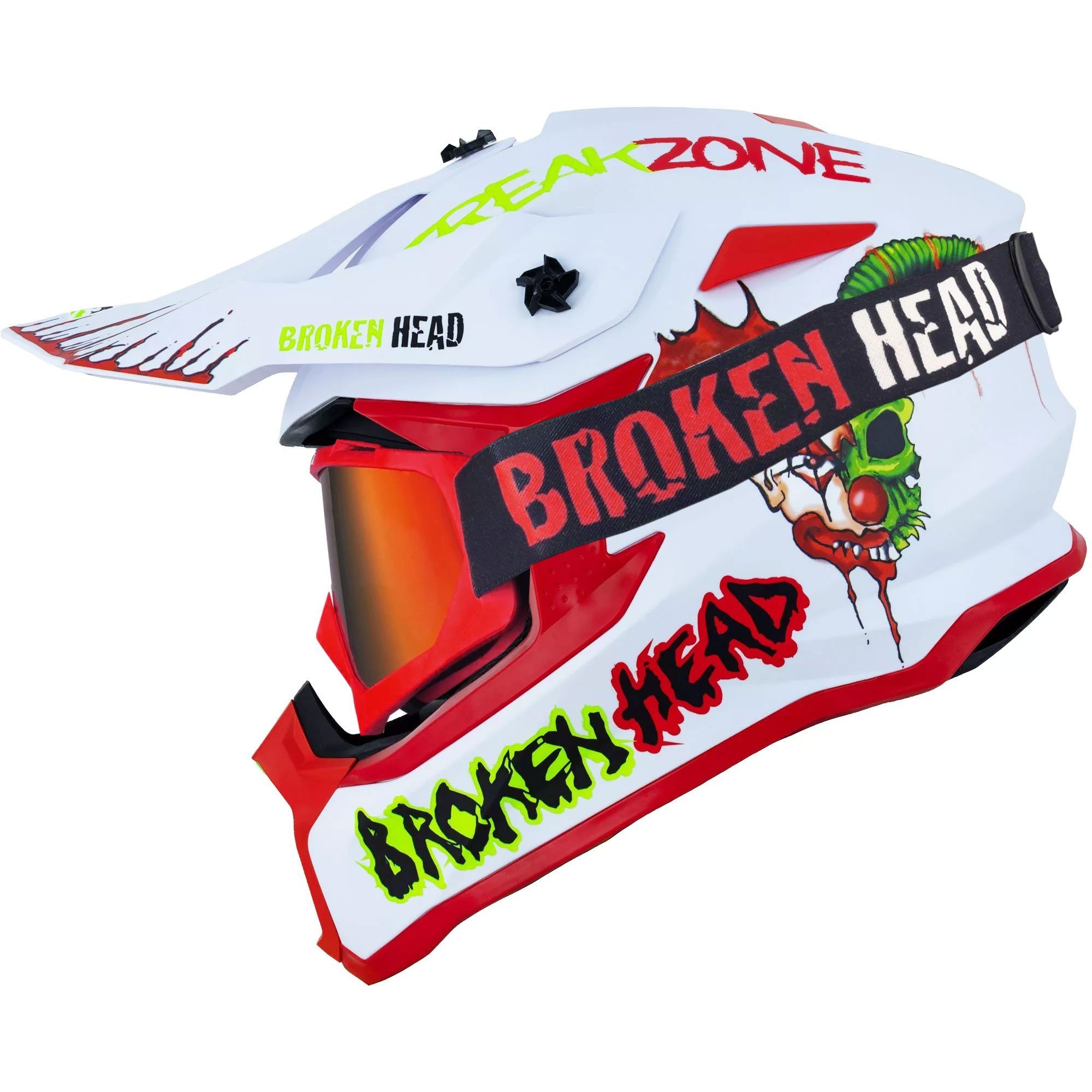 Broken Head Motocrosshelm FreakZone Weiss-Rot-Grün (Mit MX-2-Brille Rot), Auffälliges Design