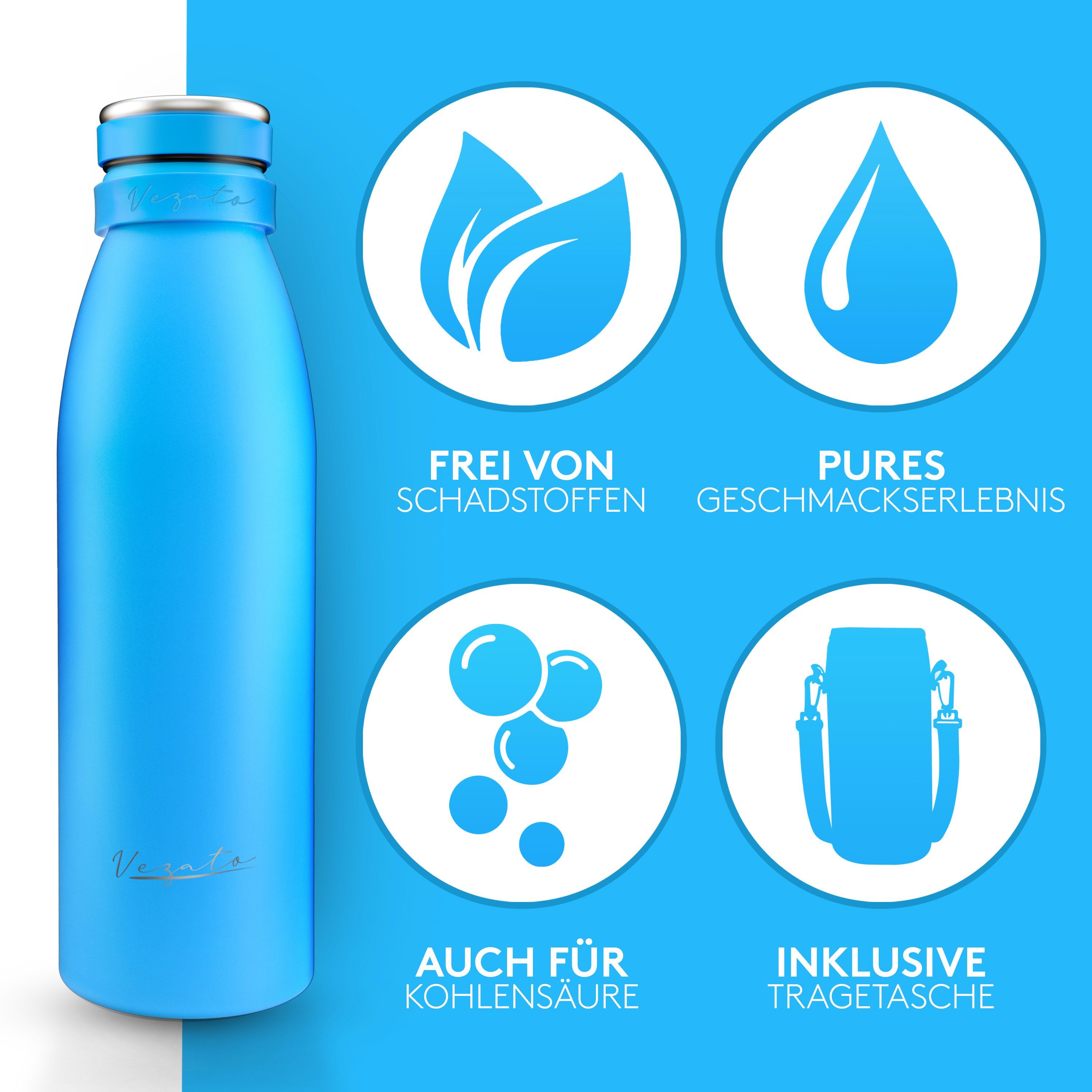 Vezato Trinkflasche Trinkflasche Edelstahl ml, Isolierflasche BPA-freie Tragegurt Blau - 500 Edelstahl