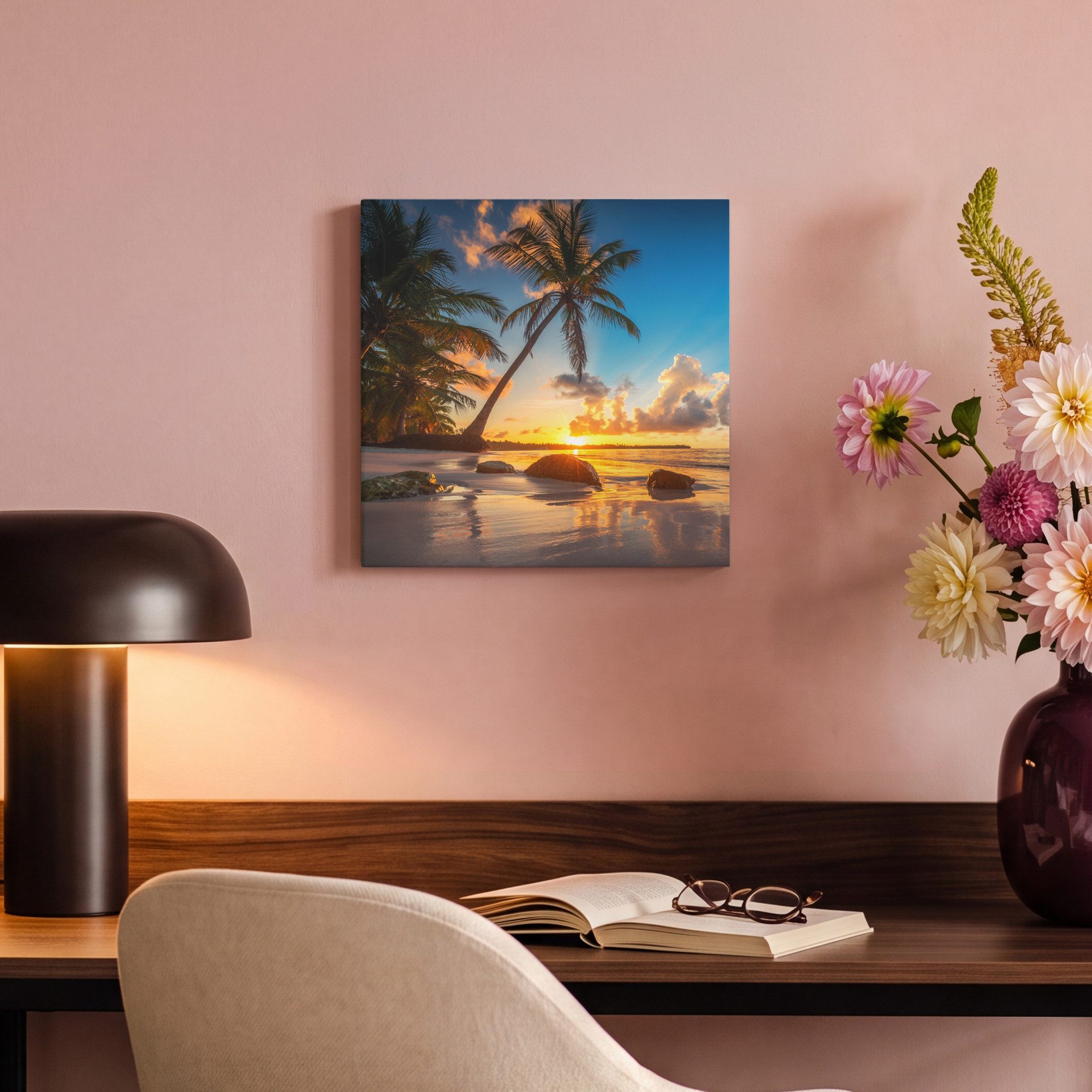 OneMillionCanvasses® Leinwandbild Strand - Meer - Palme - Sonnenuntergang, Fotodruck (1 St), Leinwand Bilder Klein, Wand Dekoration Aesthetic 30x20 cm – Bild 4 von 5