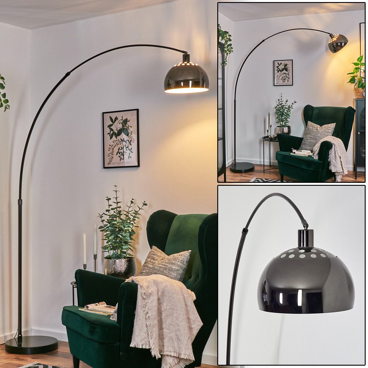 Bogenlampe Stehlampe aus Metall in Schwarz/Chrom/Weiß im Retro/Vintage-Design