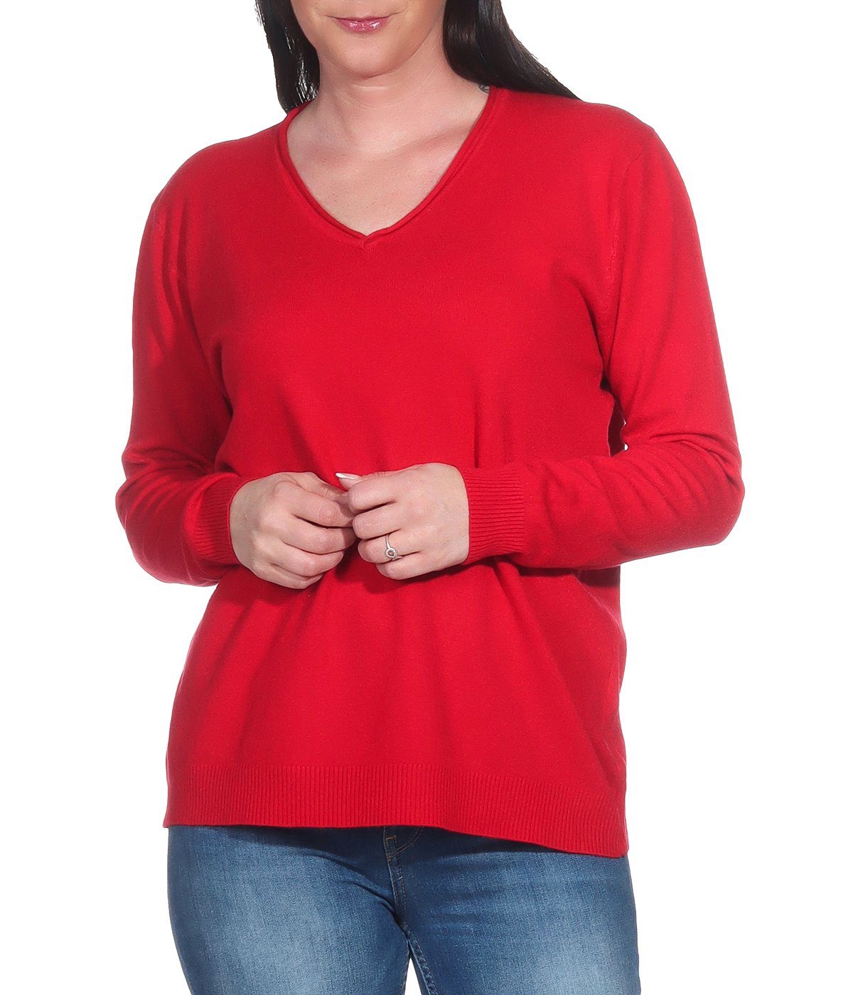 Aurela Damenmode V-Ausschnitt-Pullover Pullover für Damen Feinstrickpullover Basic Pulli (1-tlg) angenehmer Freizeitpullover oder Unterziehshirt für den Wintersport Rot