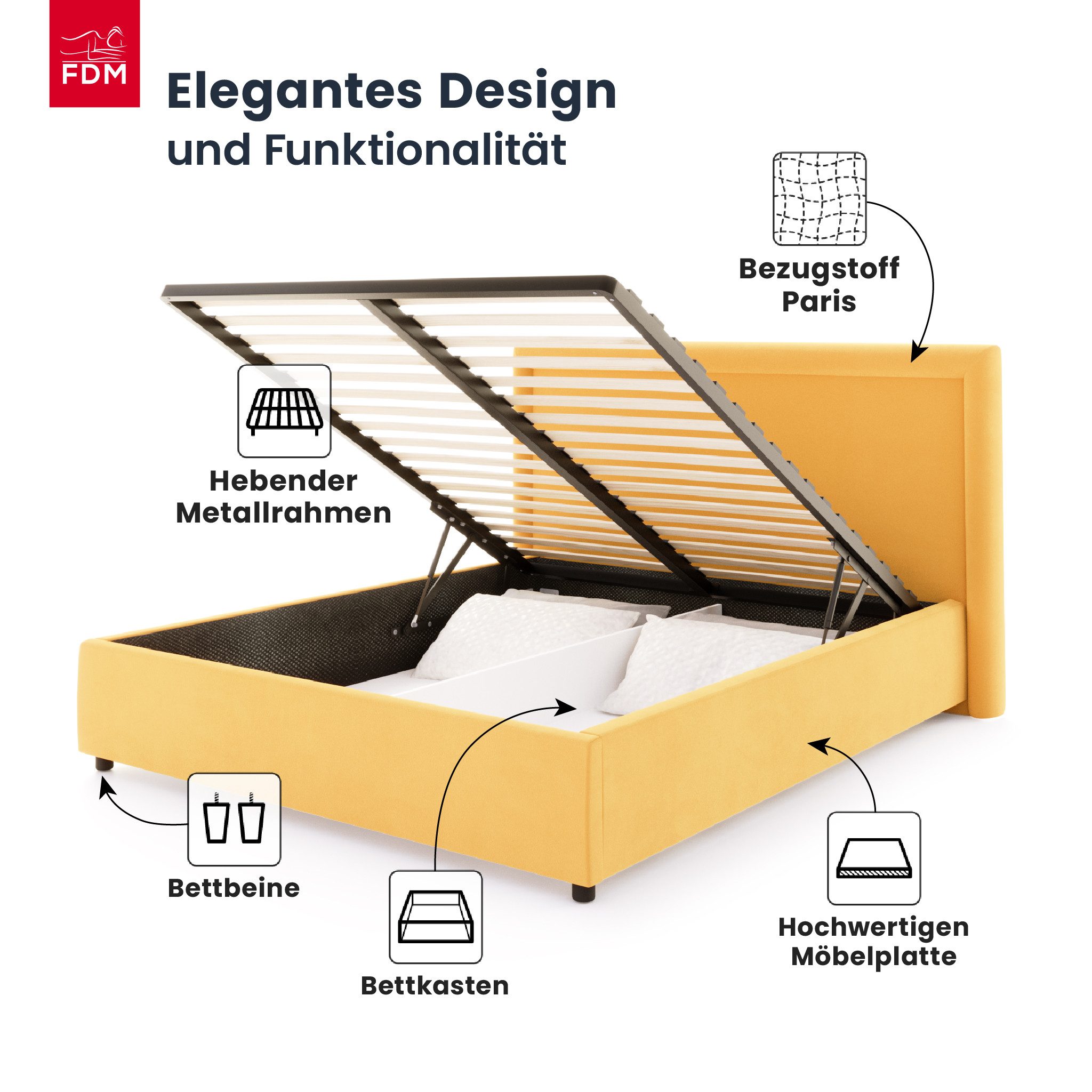 FDM Polsterbett BUSCA PARIS (verfügbar 90x200 120x200 140x200 160x200 180x200cm, Bettrahmen, Bett, mit großen gepolsterten Kopfteil, mit Bettkasten zum aufklappen), Hebbarer Metallrahmen, Bettkasten, mit/ohne Matratze