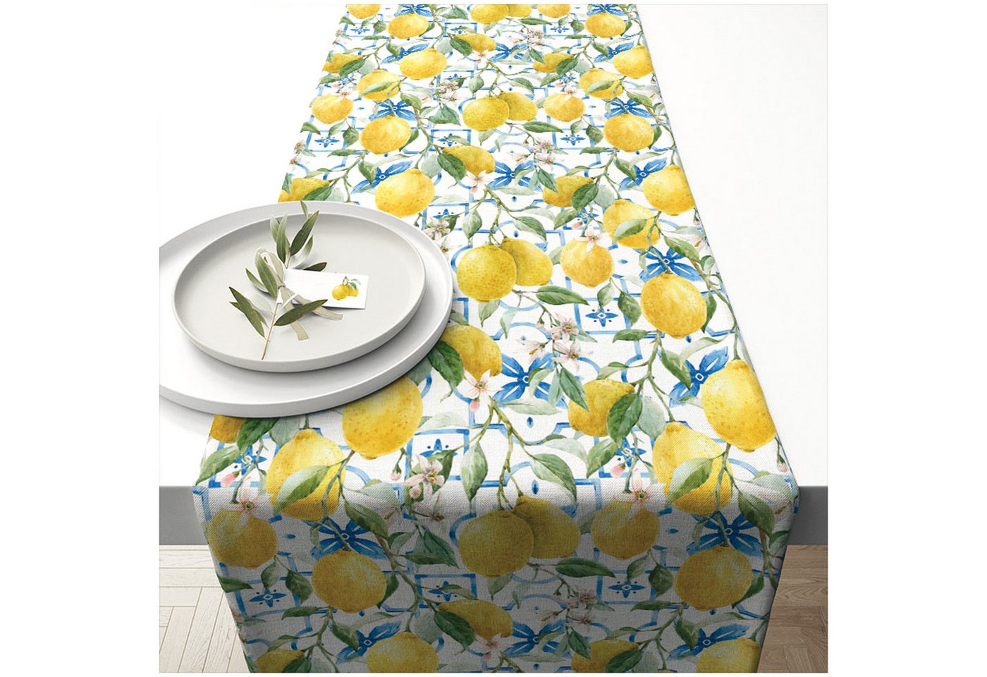 Ambiente® Tischläufer Mediterranean lemons (1-tlg, 1-teilig), Tischläufer Tischdecke ca.40x150cm Baumwolle