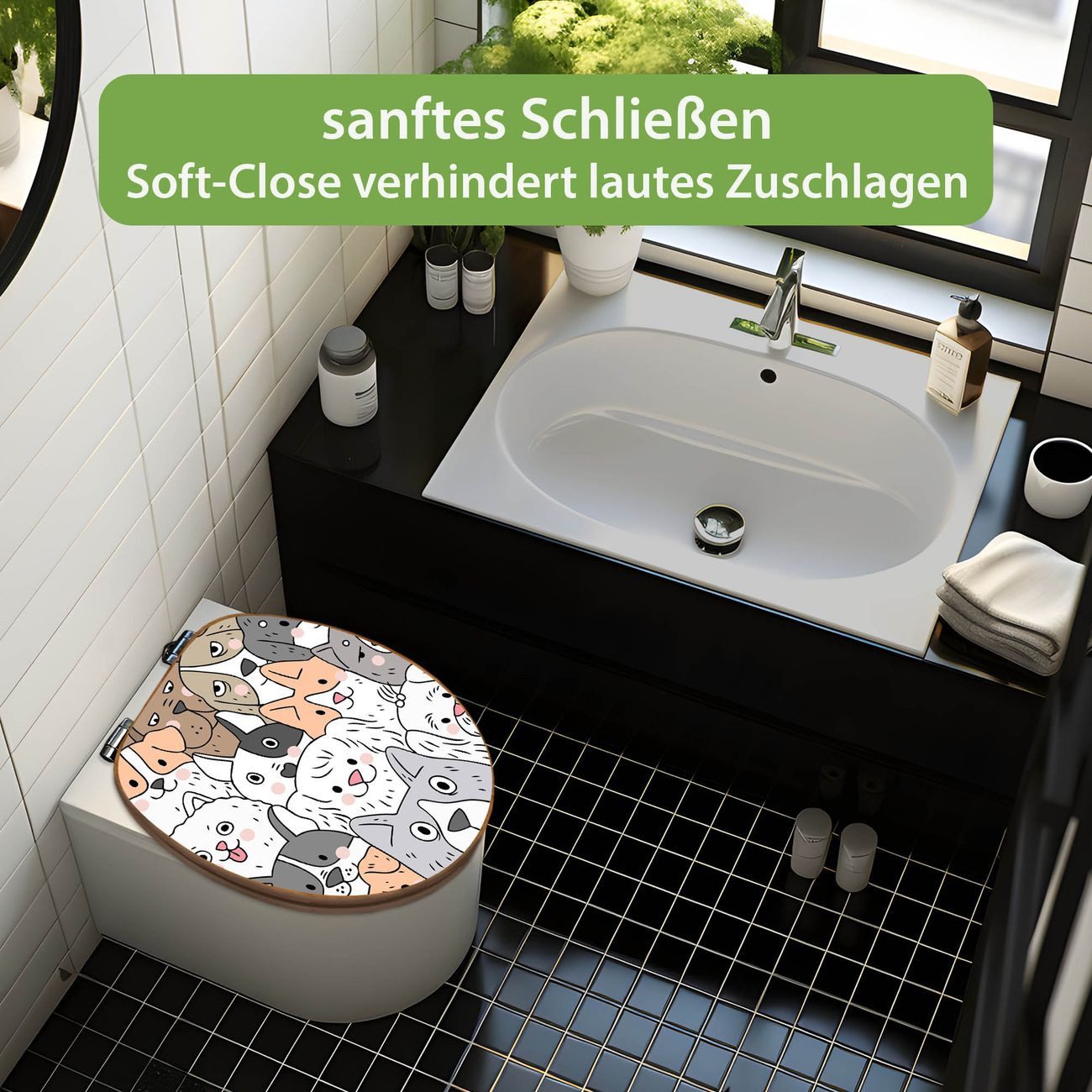 banjado WC-Sitz aus Bambus mit Absenkautomatik Motiv Hunde Gruppe neugierig (umweltfreundliches Material, integrierte Absenkautomatik), 45,8 x 37,5 x 5 cm
