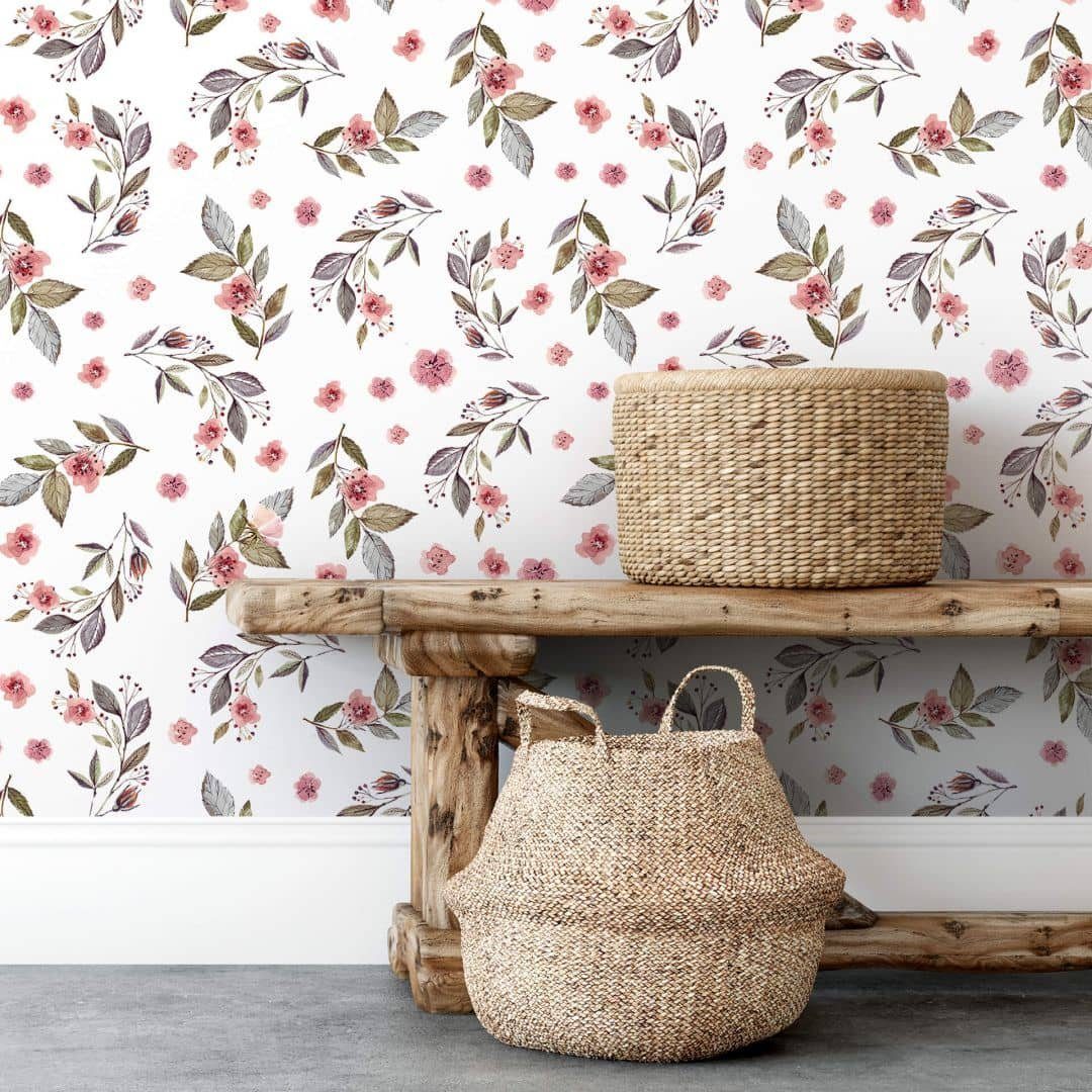 K&L Wall Art Mustertapete Kirschblüten Sakura Blumentapete Florale Vliestapete Rosengarten, Kirschblüten Tapete