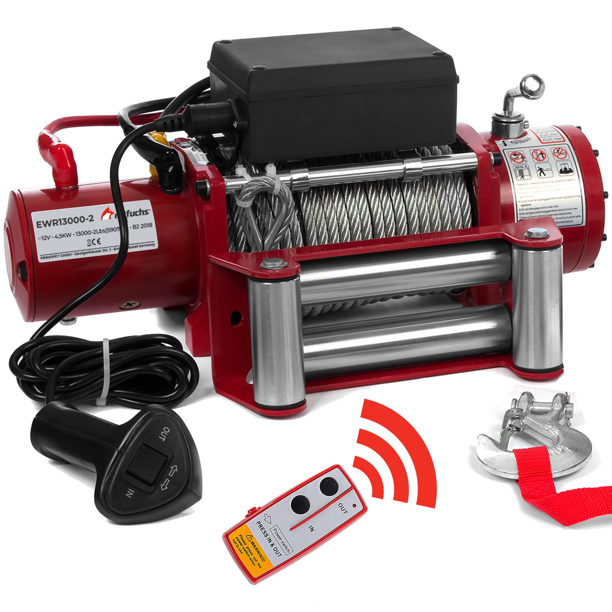 Rotfuchs Seilwinde, 12v mit Funkfernbedienung, 5909 kg Zugkraft, 6 PS Power Bergewinde