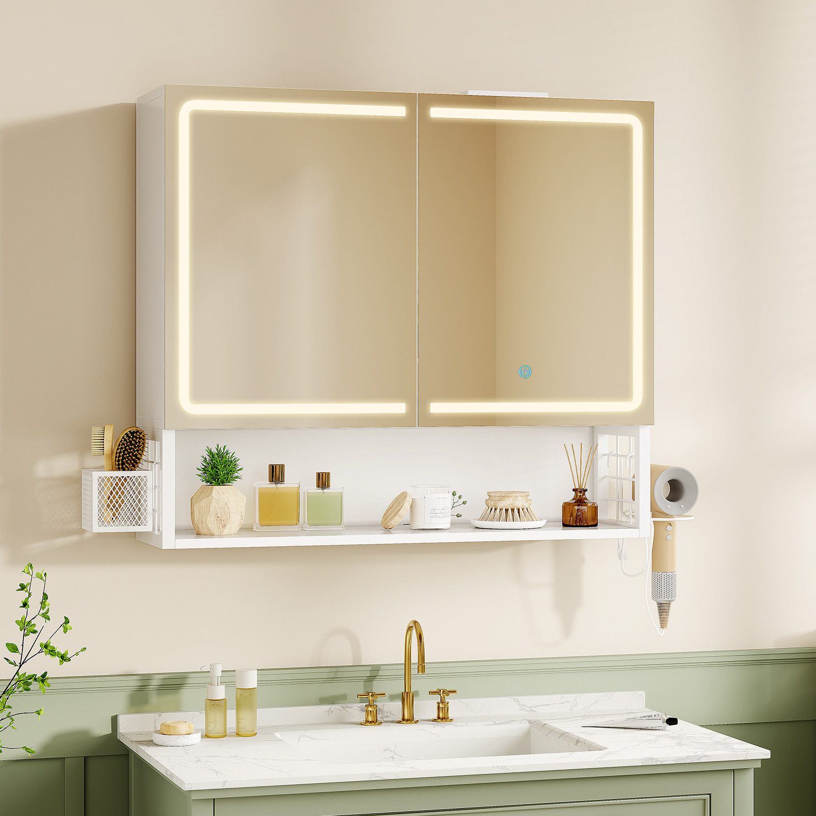 MSMASK Badezimmerspiegelschrank mit LED-Beleuchtung & Steckdose, Wandmontiert mit Stauraum (1-St) Spiegelschrank 70x16x60cm