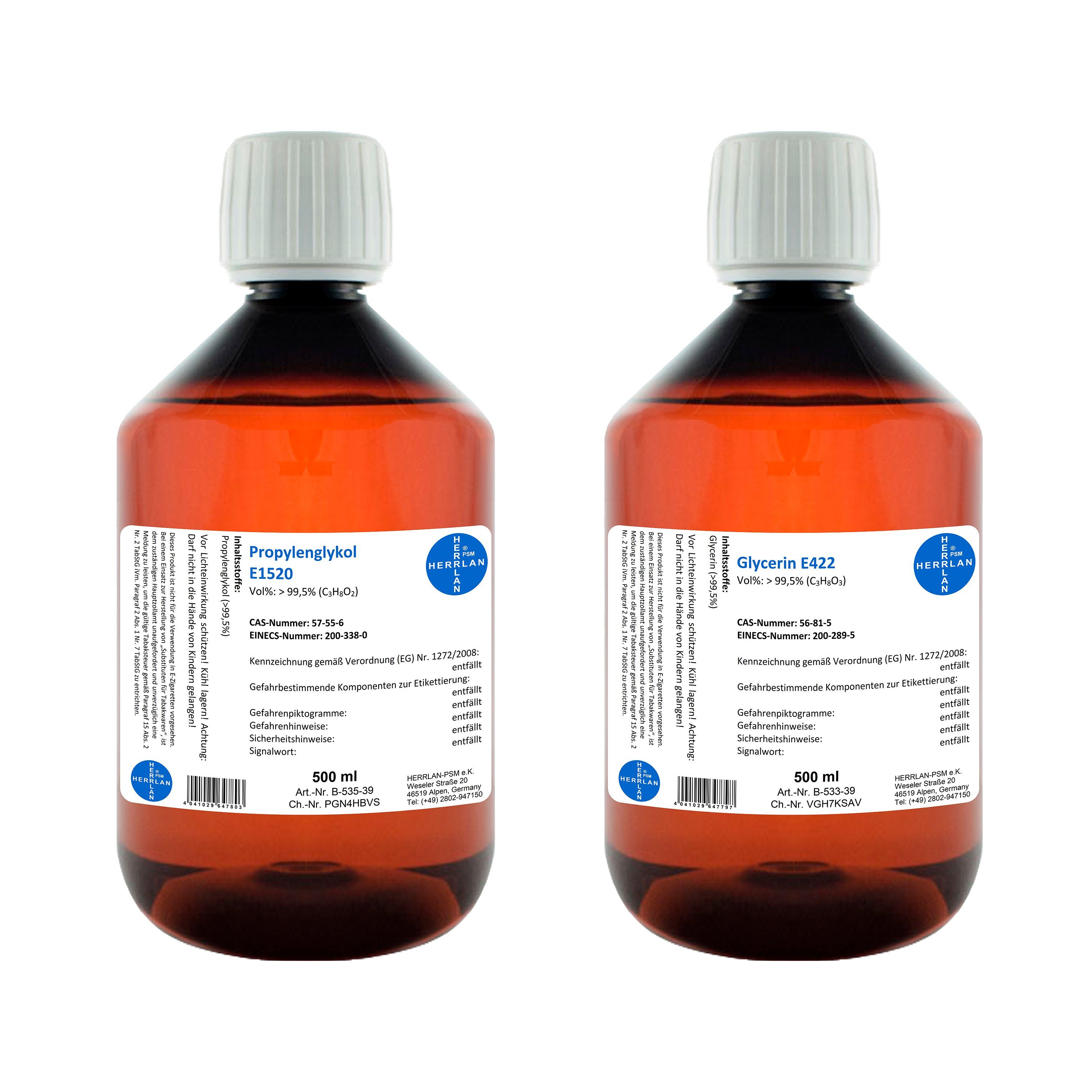 HERRLAN Rohseife Glycerin + Propylenglykol - 99,5% - zum Vorteilspreis, 500 ml Glycerin + 500 ml Propylenglykol